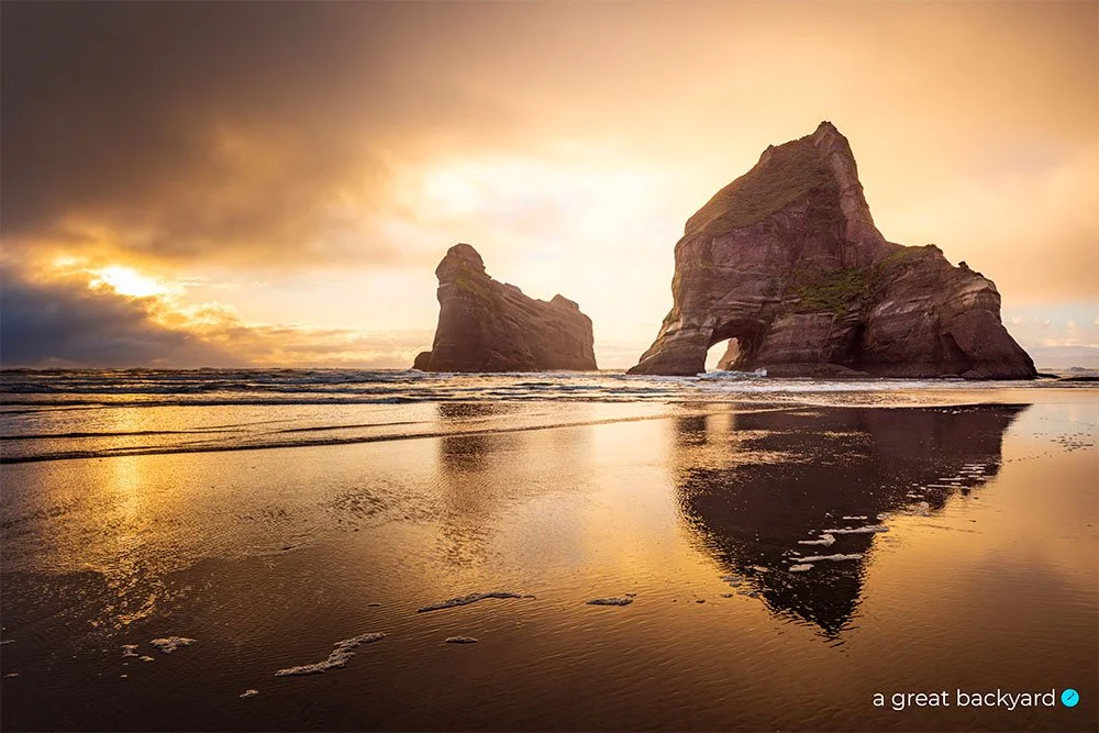 Wharariki Beach Golden Sunset by Corin Walker Bain | a great backyard New Zealand landscape prints