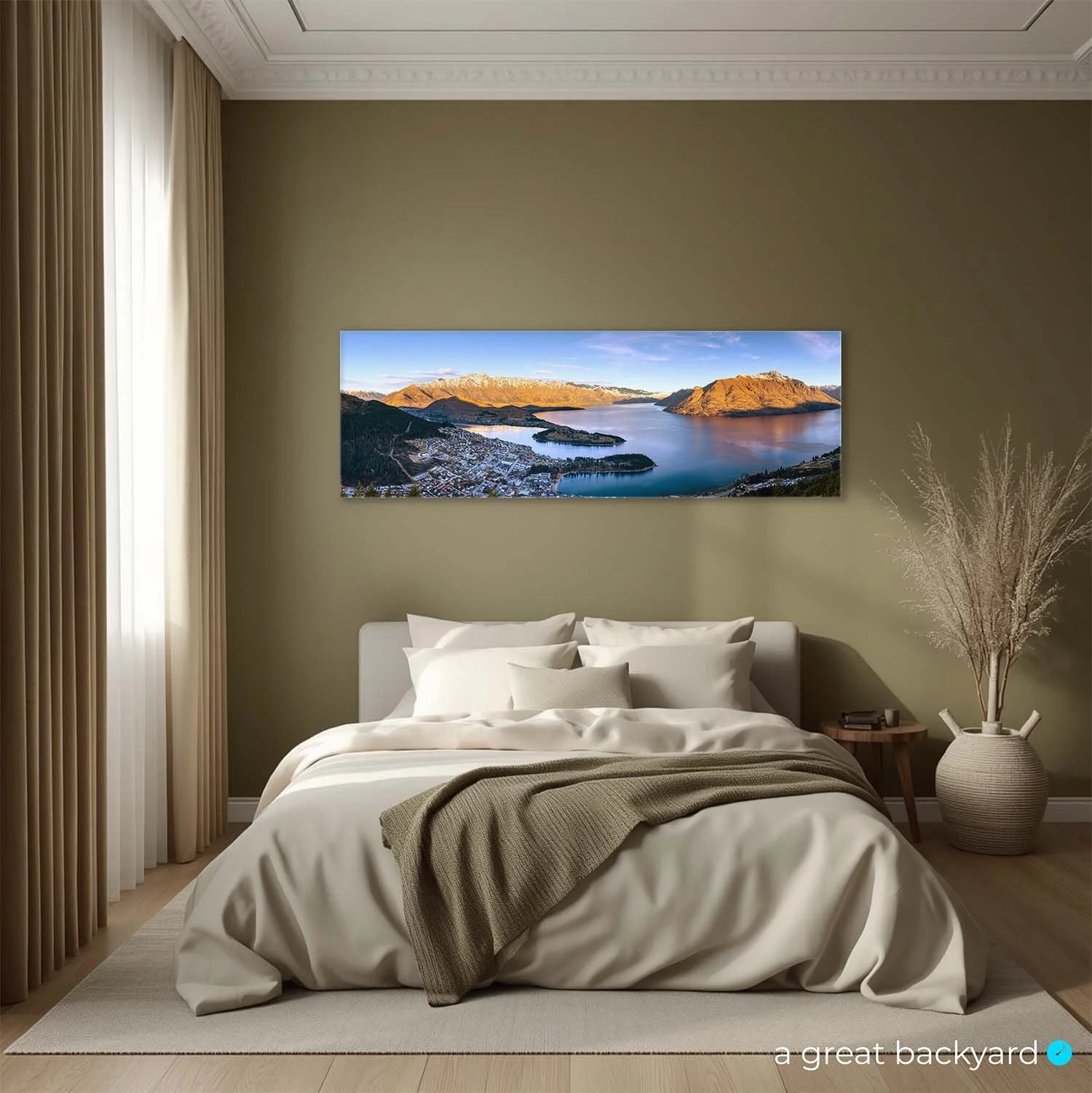 Queenstown panorama print on bedroom wall | a great backyard prints made in NZ