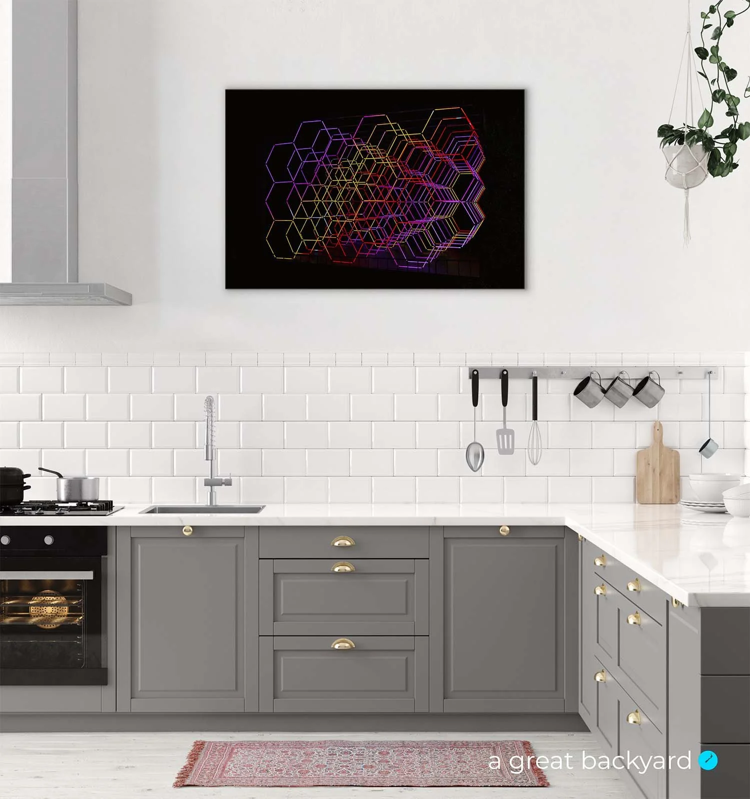 Geometric grid print on kitchen wall | a great backyard New Zealand