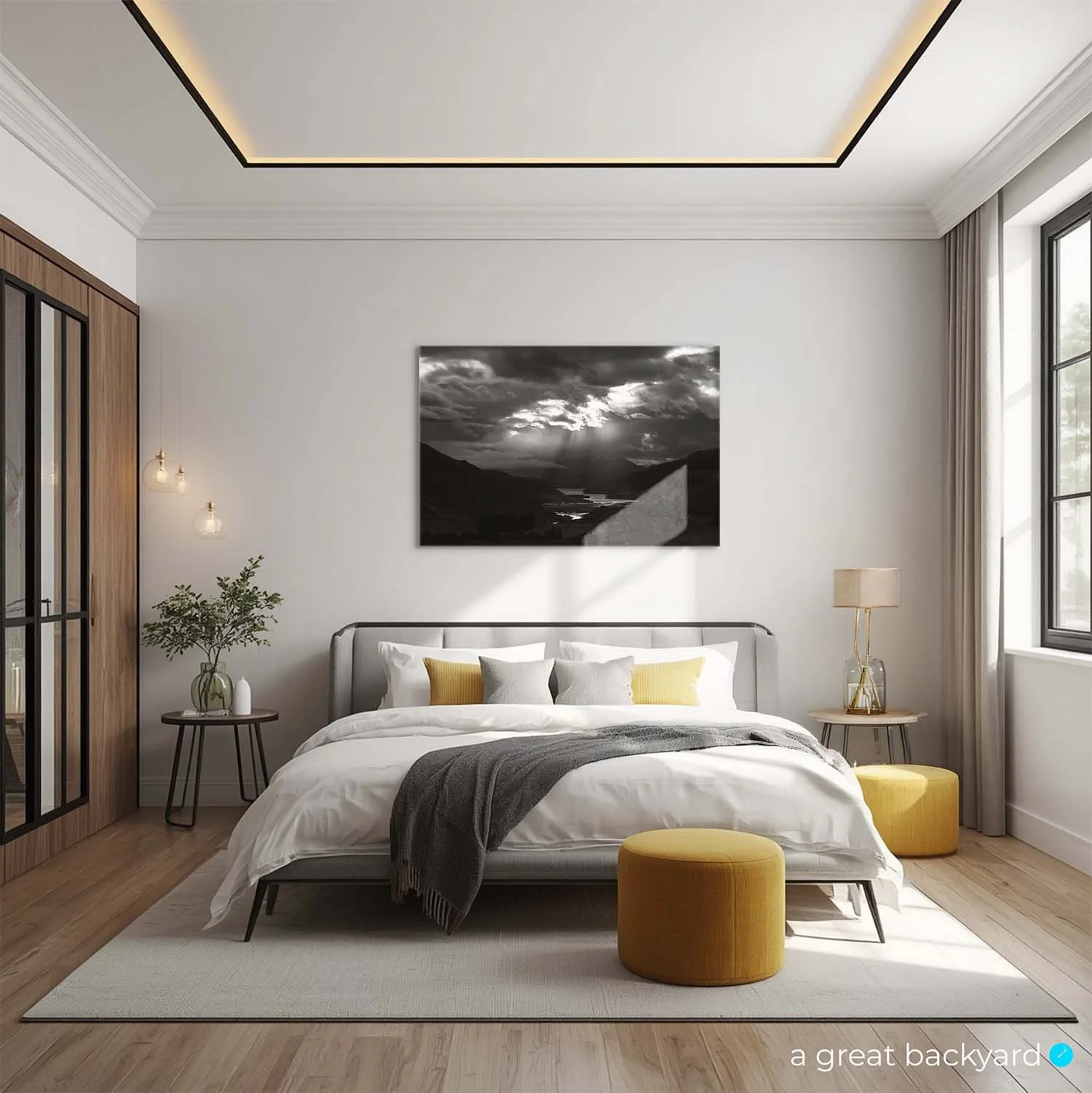 Lake Wakatipu black and white print on bedroom wall | a great backyard prints Made in NZ