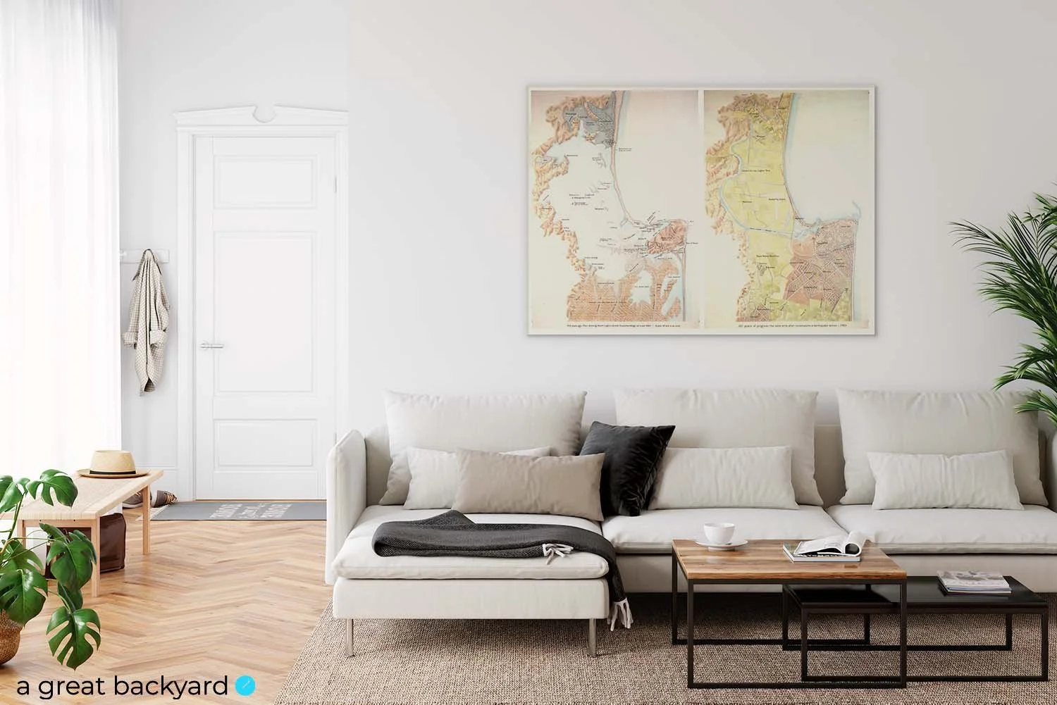 Historical 1865 & 1965 maps of Napier hanging on home wall | a great backyard