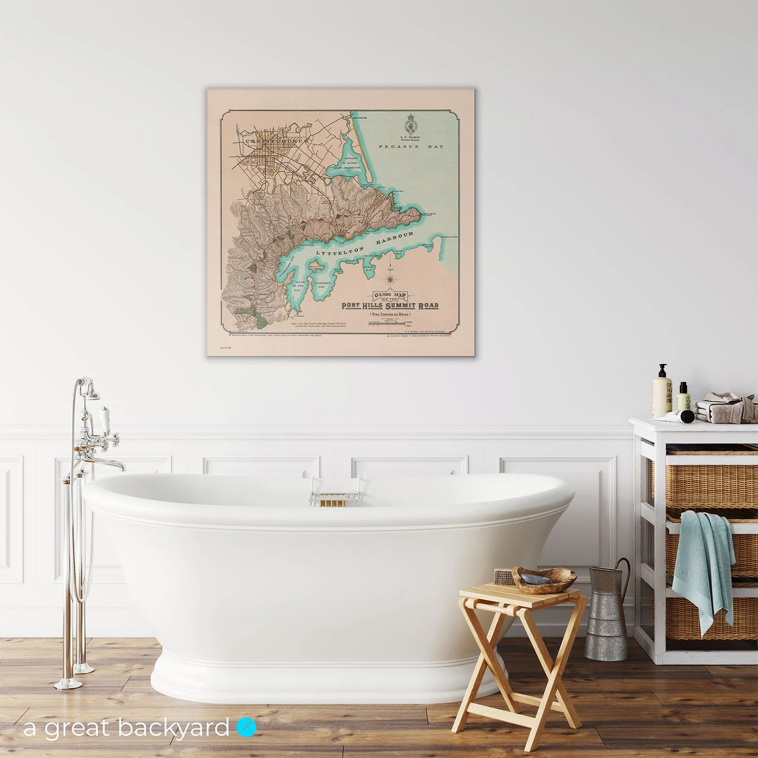 Retro Port Hills map on bathroom wall | a great backyard New Zealand print studio
