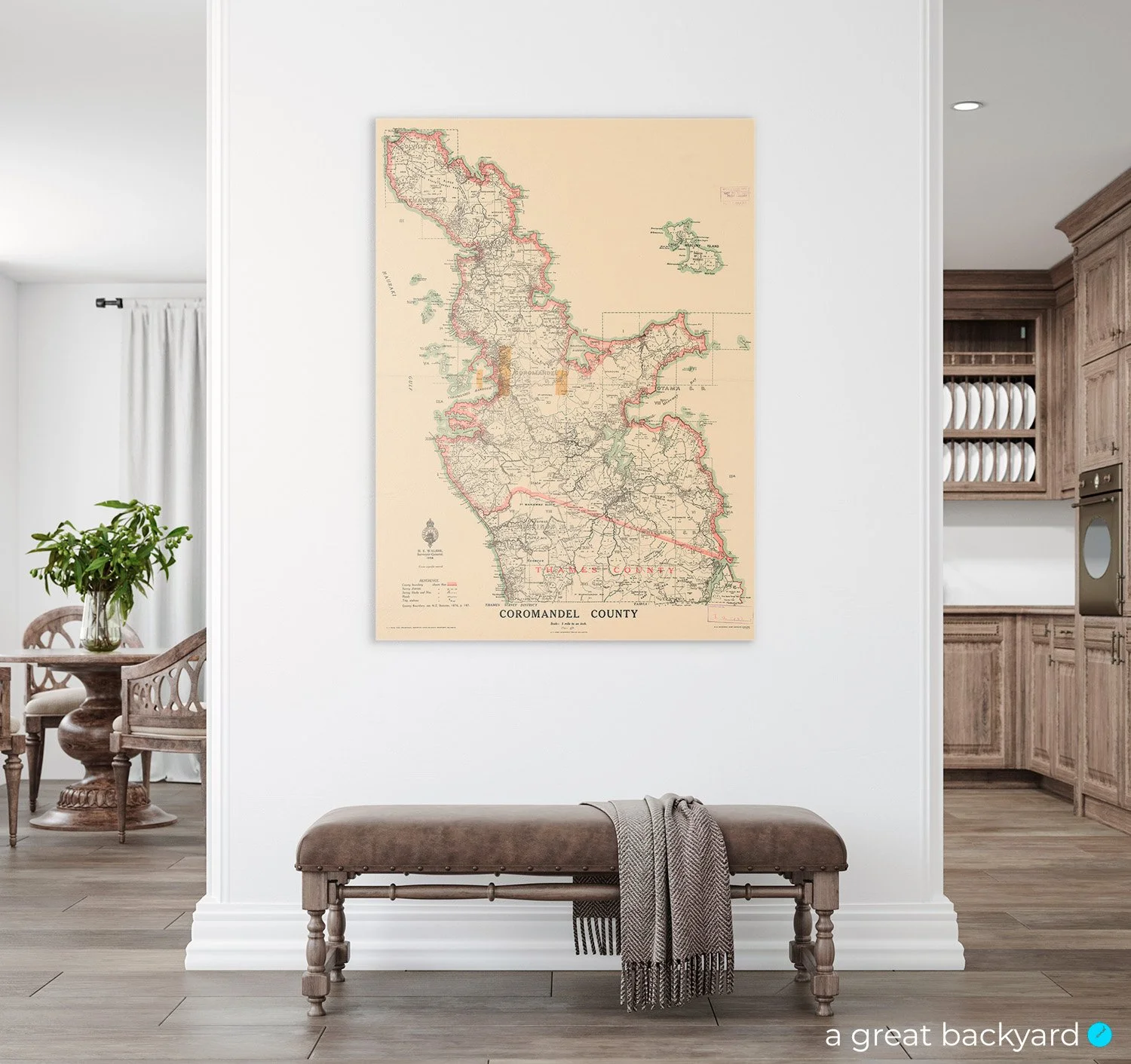 Vintage 1934 Coromandel County map hanging on home wall