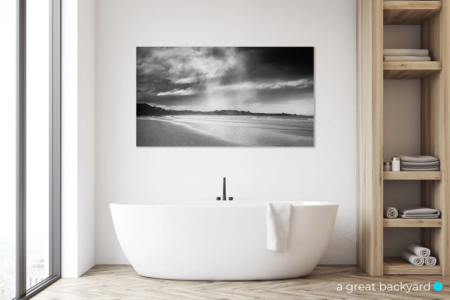 Moeraki Beach black and white print on bathroom wall | a great backyard Acrylic Wall Art