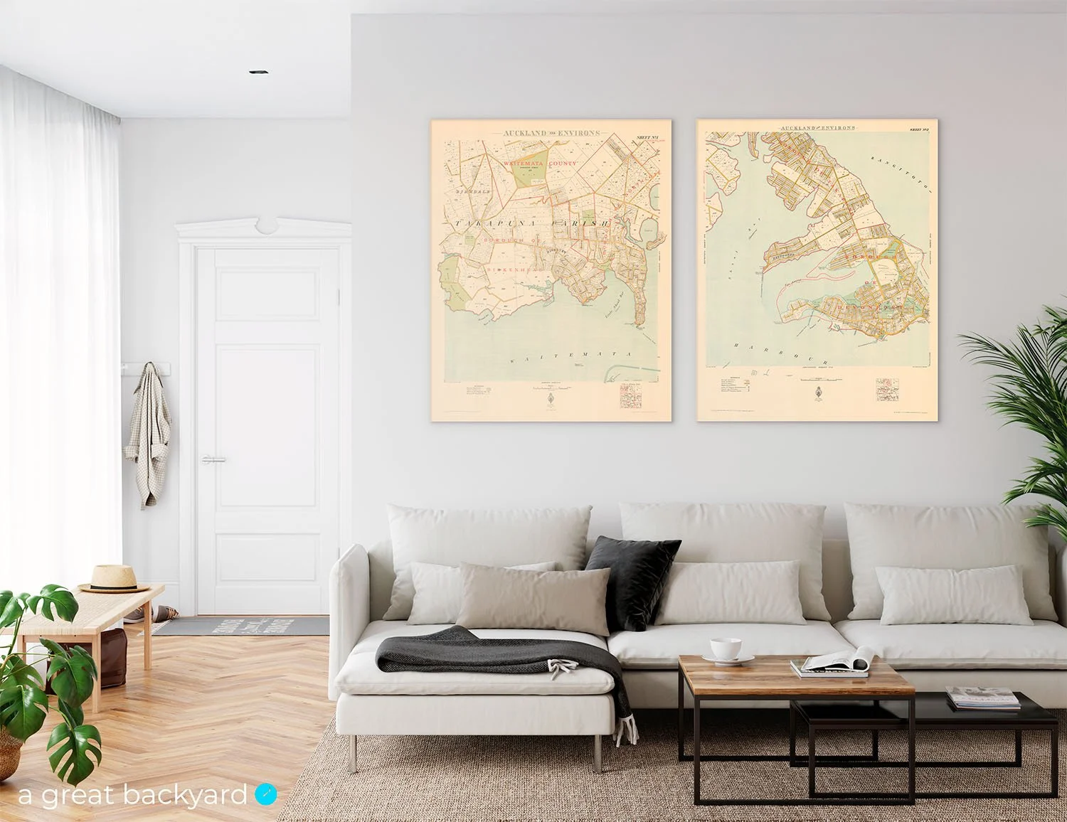 Vintage North Shore maps on home wall | Statement Auckland wall art by a great backyard