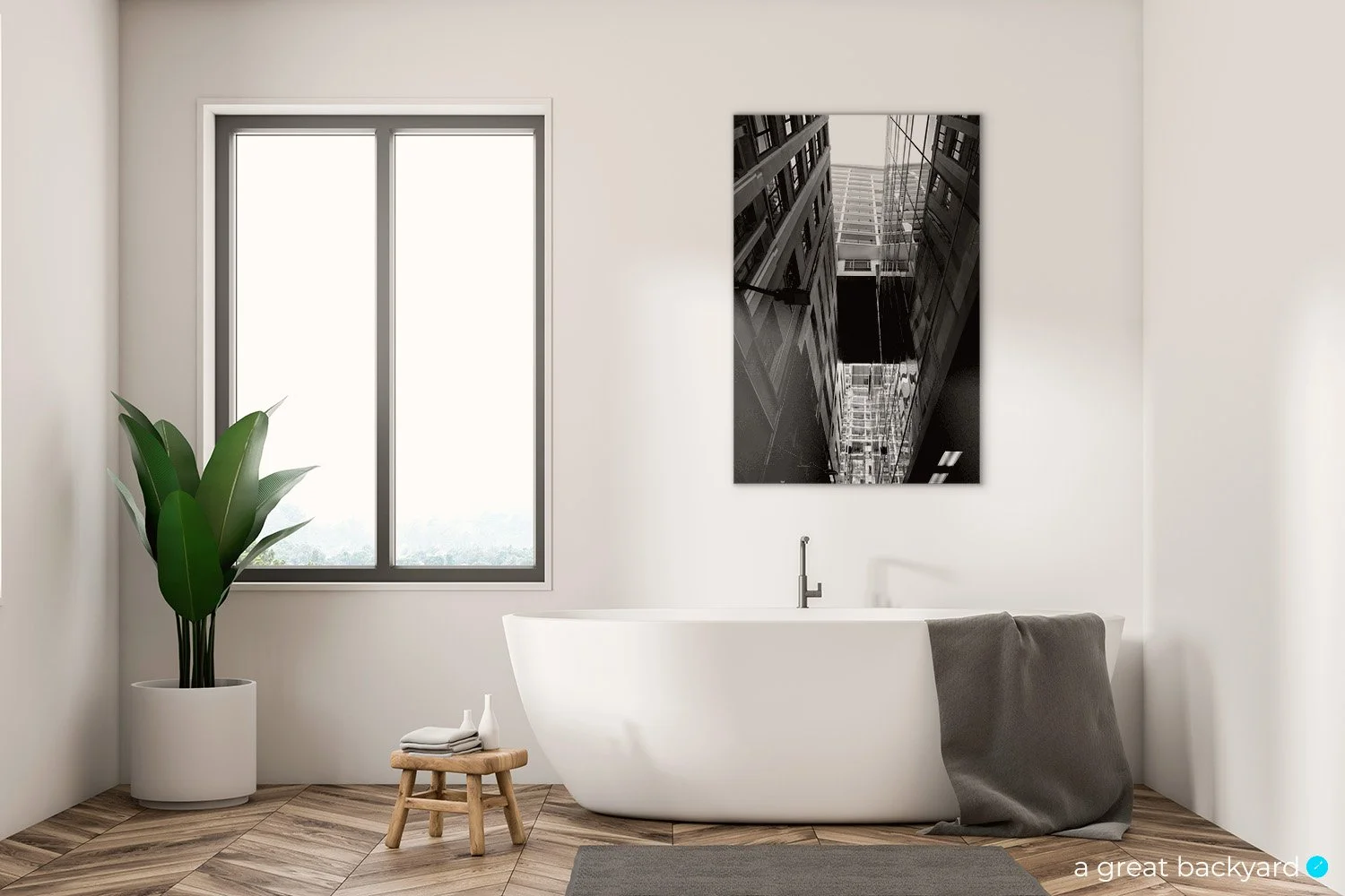 Black and white photo of a Wellington architectural tunnel hanging on a bathroom wall | a great backyard print studio NZ
