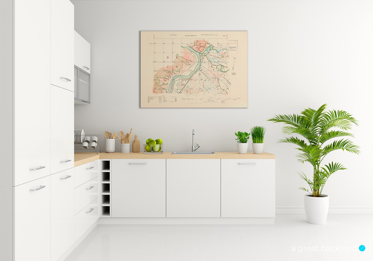 Historical Ngaruawahia map on kitchen wall | a great backyard New Zealand print studio