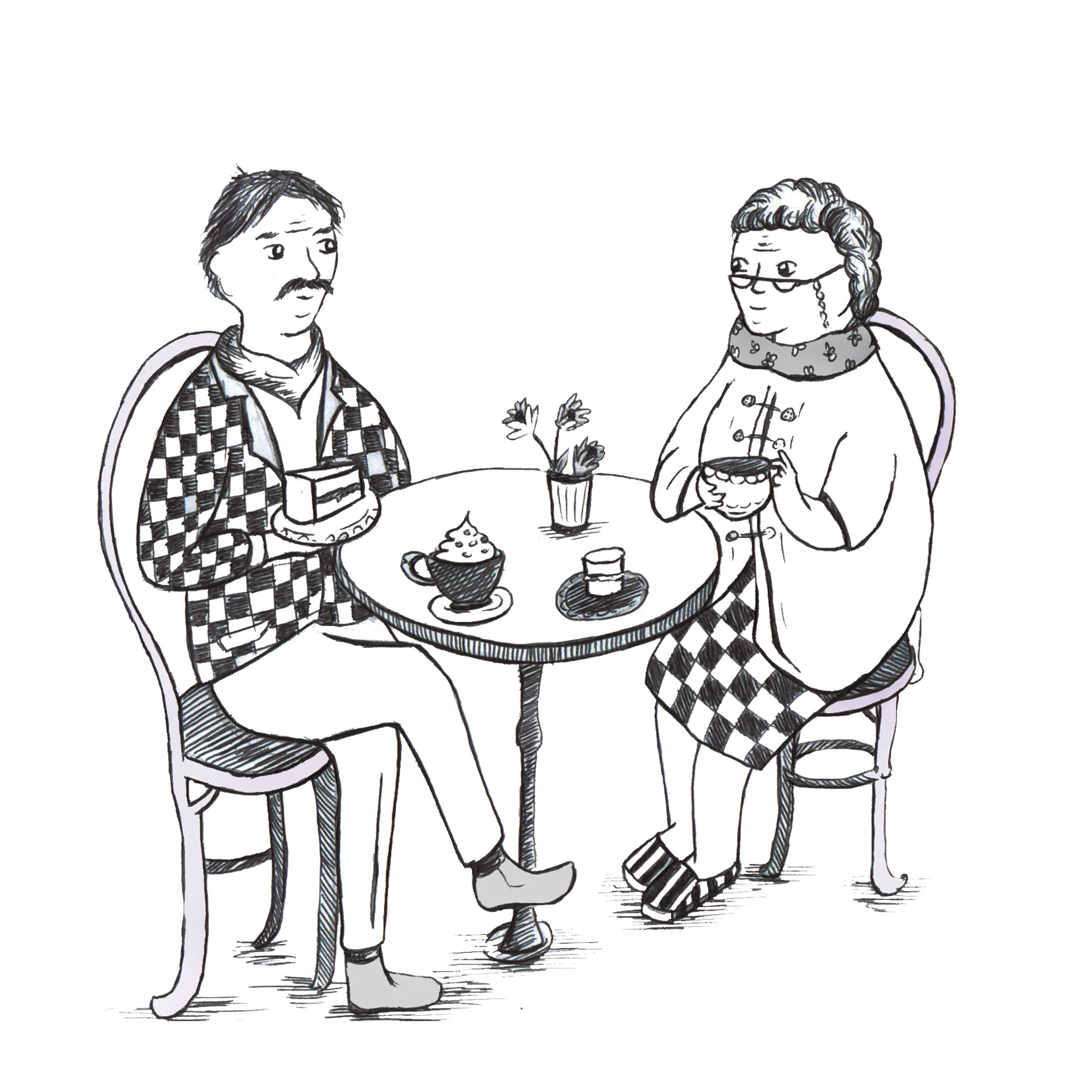 A black and white line illustration of an elderly couple enjoying tea and cakes. In fine line pen.