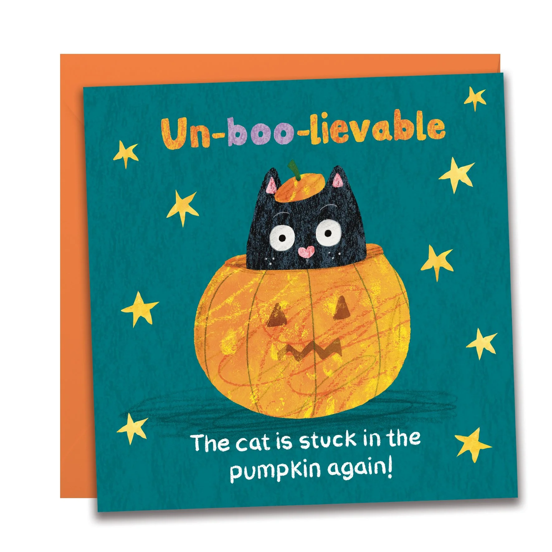 Cat stuck in Pumpkin Halloween card