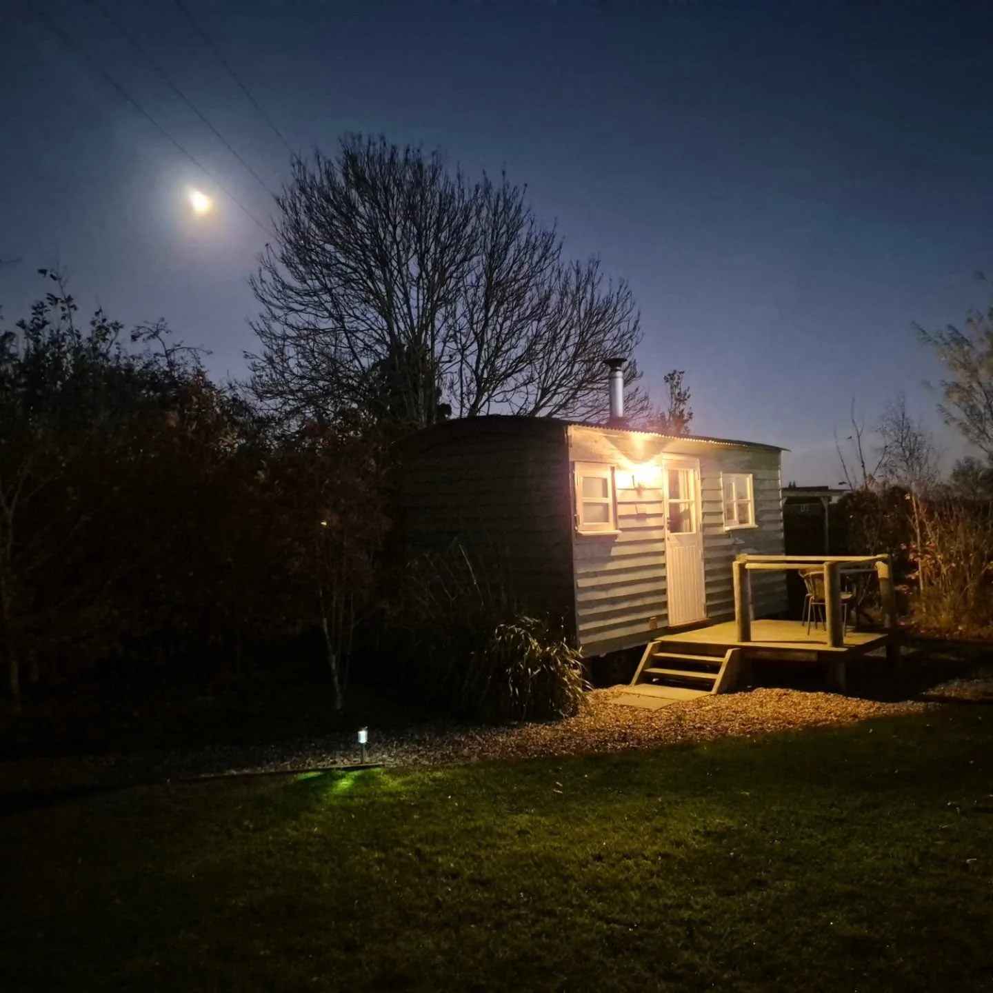 Lovely evening.  The huts looked so inviting in the moonlight.The huts are available throughout the year.
There's always plenty of firewood to keep the log burners going, so you won't be chilly whatever the weather. 
Book direct www.friendsfarm.co.uk