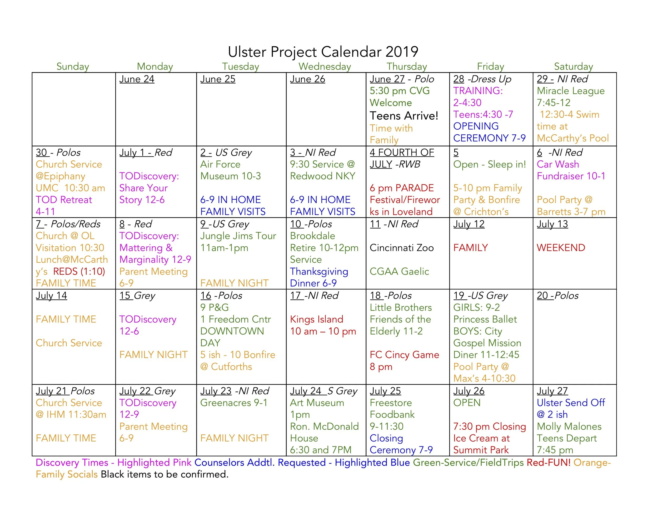 Sample Calendar — Ulster Project Cincinnati
