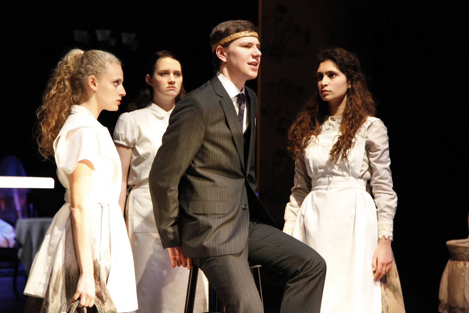 Talia Bornstein, Kylie Underwood, Raphael Stigliano, and Mira Kessler in MACBETH. Photo by Mark Lovett.