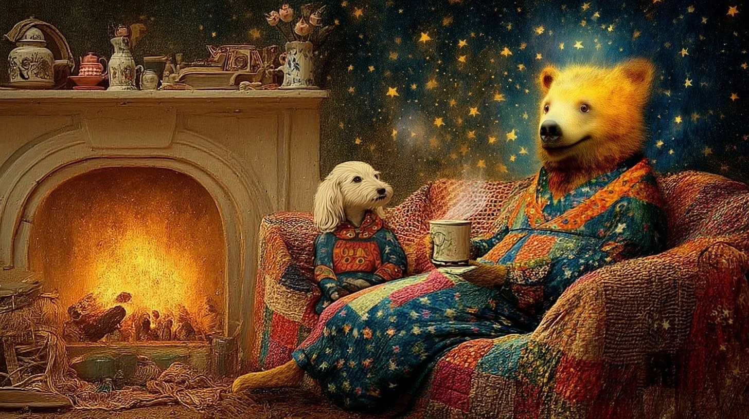 A friendly bear with a little dog sitting by a cozy fire, ready to tell stories.