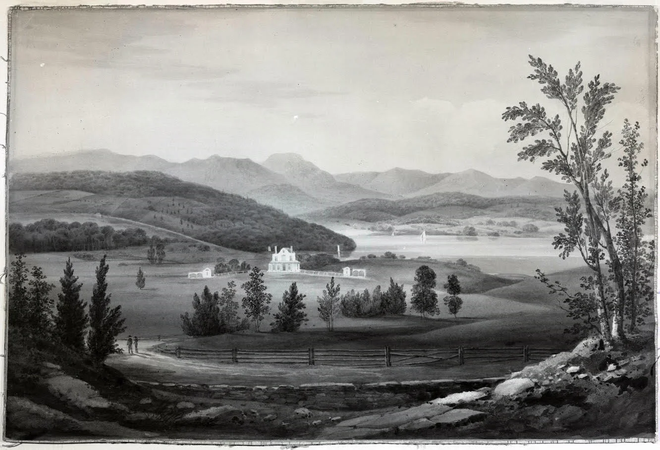 The house as built in 1811-1812 with open farmland to the Hudson River. William Guy Wall watercolor. Unpublished study for the Hudson River Portfolio, ca. 1819. Courtesy: New-York Historical Society.