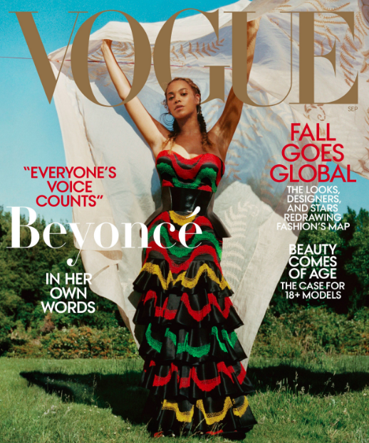 Beyoncé in Alexander McQueen and Lynn Ban earrings by Tyler Mitchell for Vogue September 2018
