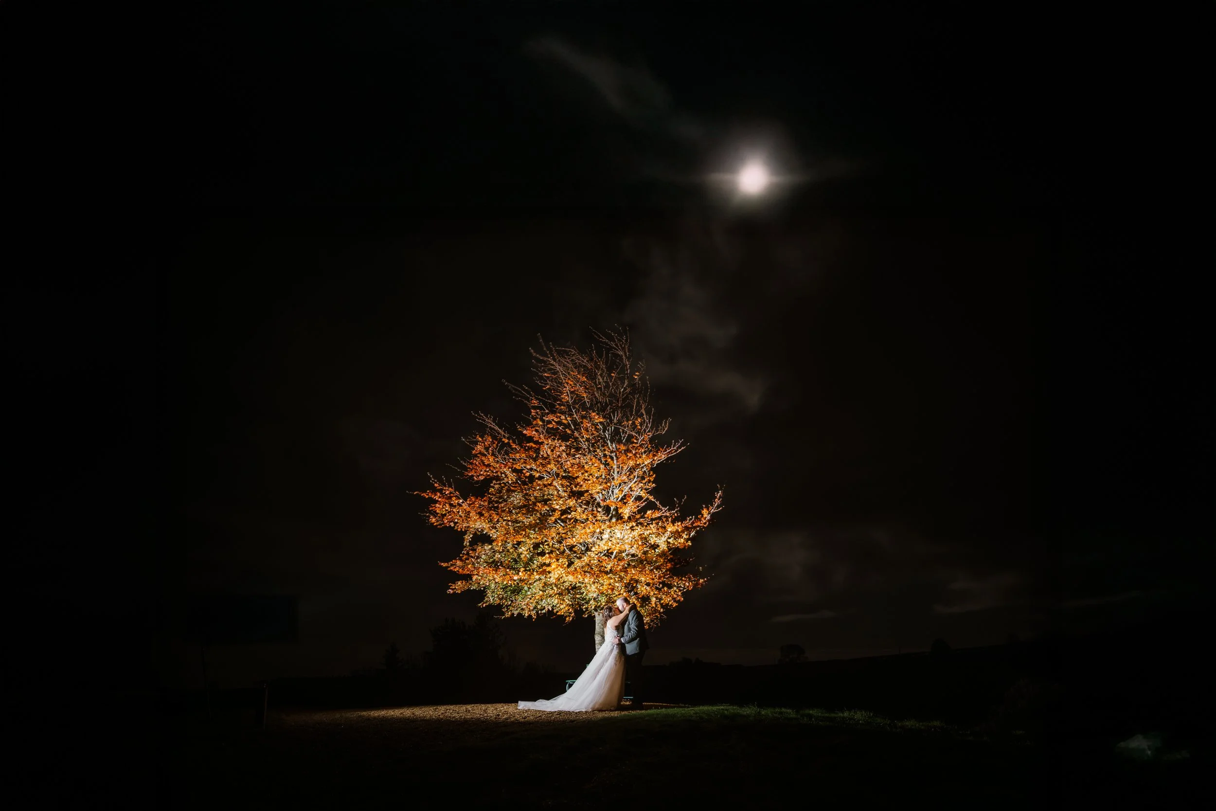 A bride and groom embracing under a lit tree at night with a bright moon in the sky.