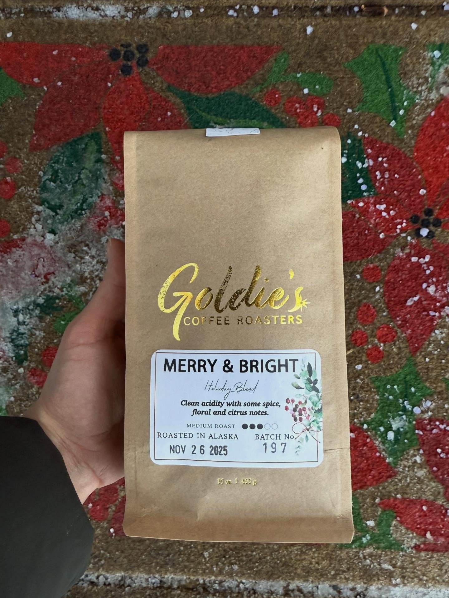 Merry &amp; Bright is here! ✨ Stocked up in the shop and online! 🎁 #goldiescoffeeroasters #alaska #holidayblend