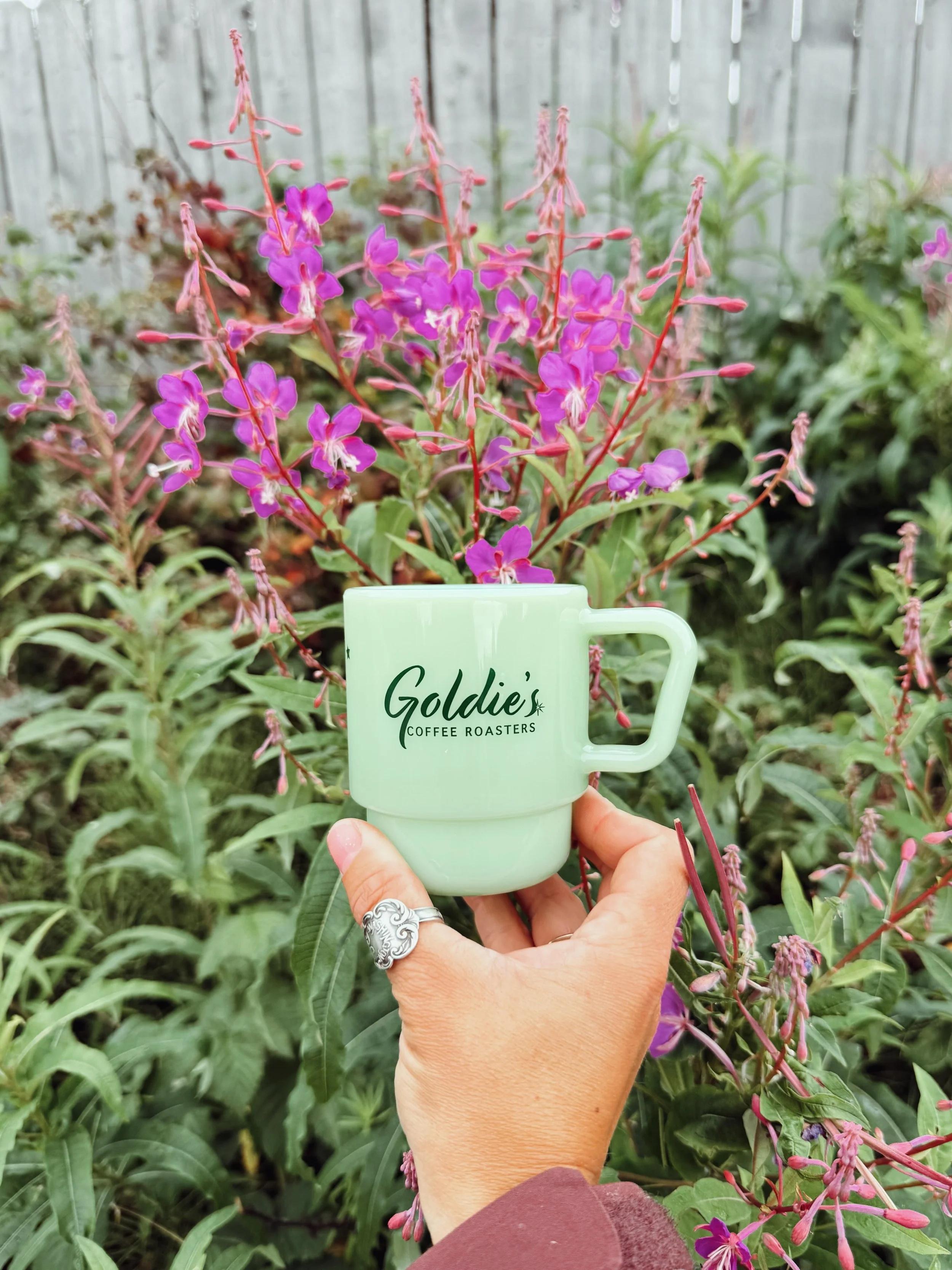 We&rsquo;re kind of in love with the green milk glass too. 💚  #ecotact #green #womenwhoroast #goldiescoffeeroasters #alaska