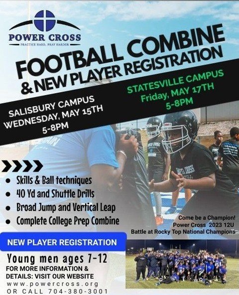 It's that time again! Football Combines are happening at both campuses this year and we want to invite you to join us! 🏈🏈🏈⁠
⁠
A football combine is a comprehensive assessment event where players demonstrate their athletic abilities, including spee