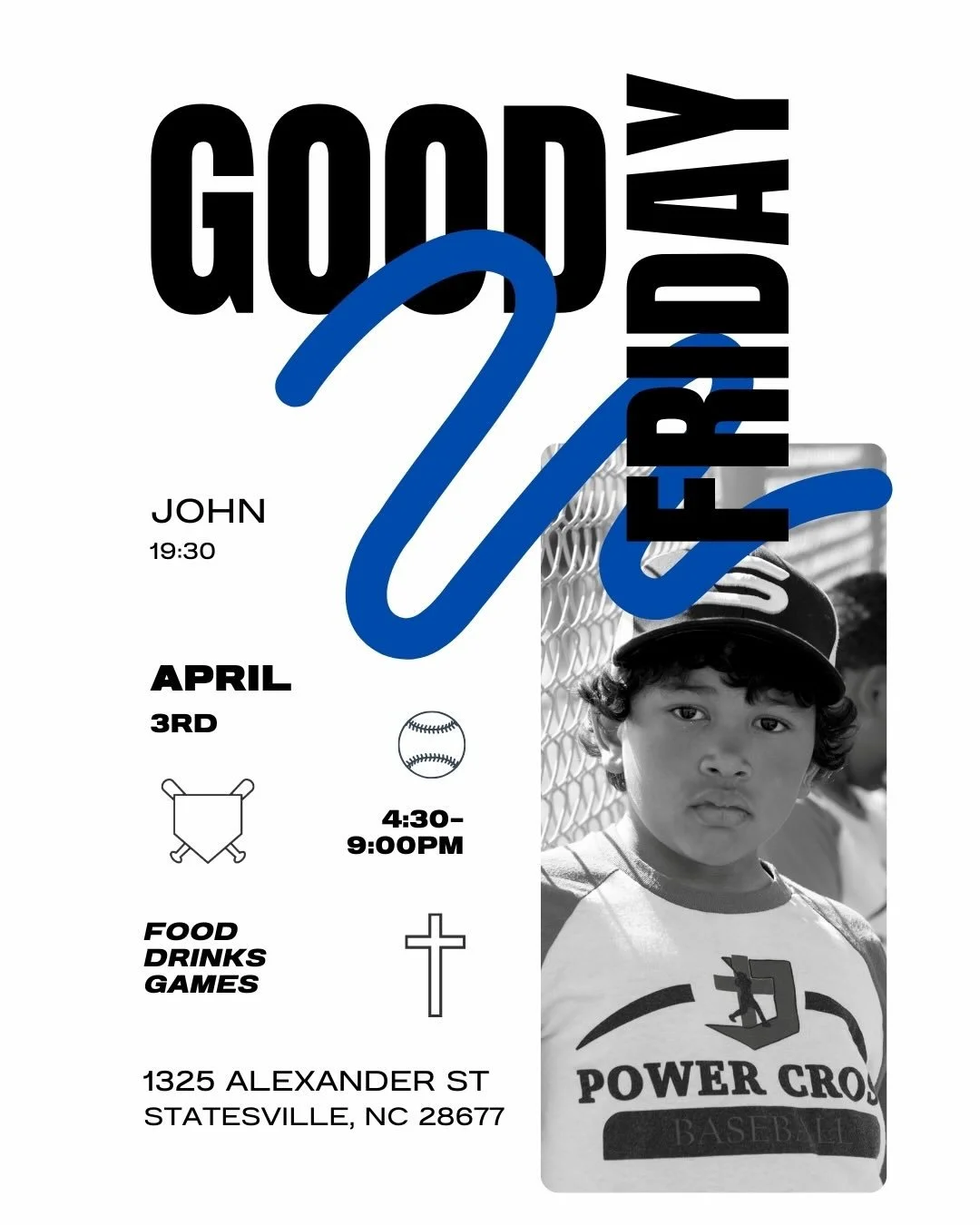 Join us this Good Friday for the Power Cross Baseball Tournament as all of the Power Cross teams face off against each other! Come out and support the boys and enjoy a great evening with the community.

🕟 First game starts at 4:30 PM

Bring the whol