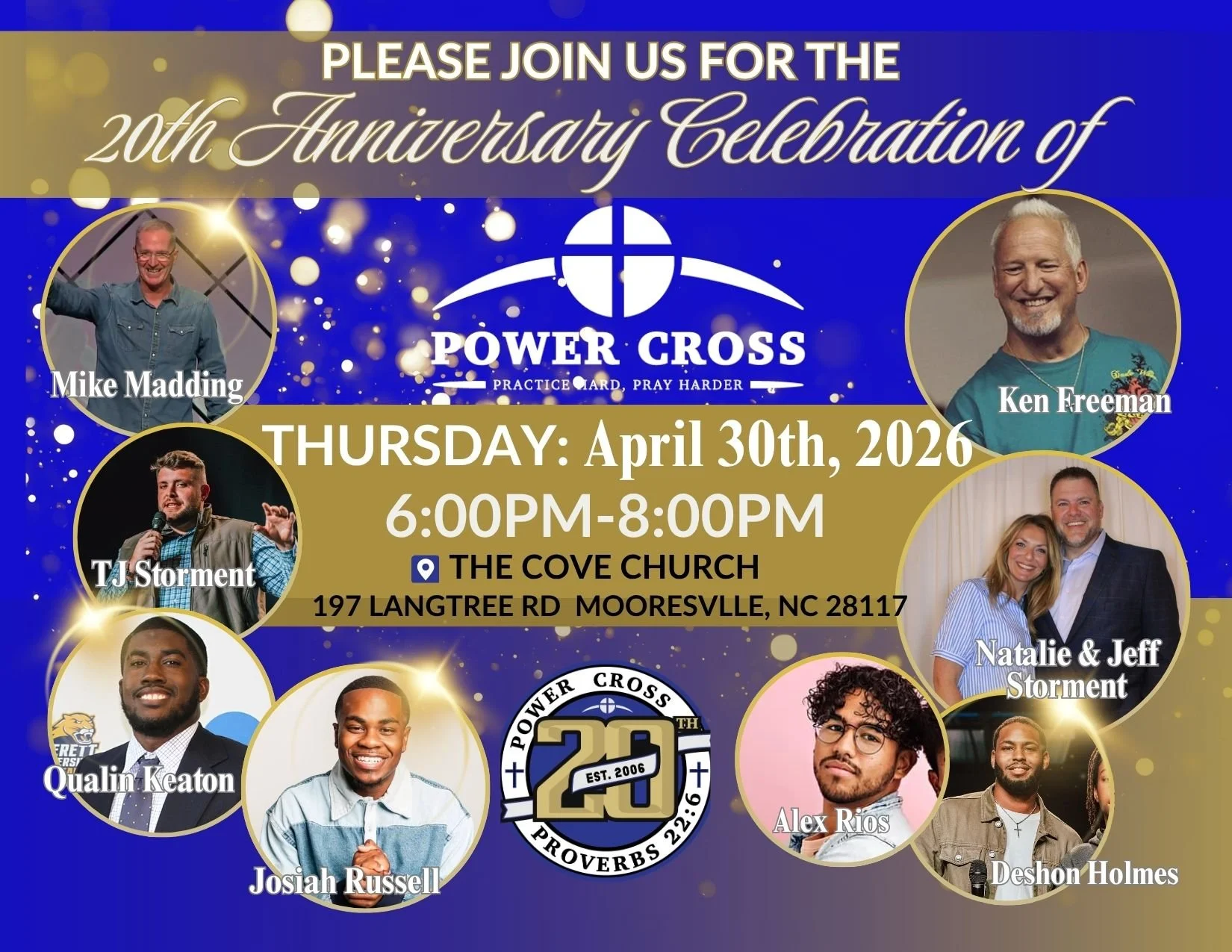 TODAY IS THE DAY!!!!
Join us at 6:00PM tonight at The Cove Church in Mooresville, NC to celebrate 20 Amazing Years of Ministry with Power Cross!

Casual Dress, Childcare available!
You do not want to miss this awesome night!