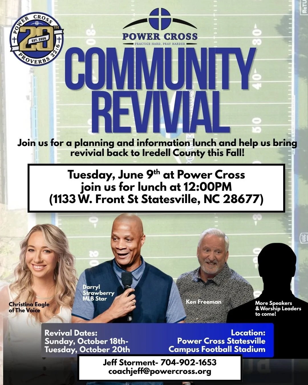 REVIVAL is coming this FALL to the Power Cross Statesville Football Stadium and we want you to be a part of it! 

Churches, Community Partners, and all people who want to help bring revival to Statesville join us for lunch on Tuesday, June 9th at the