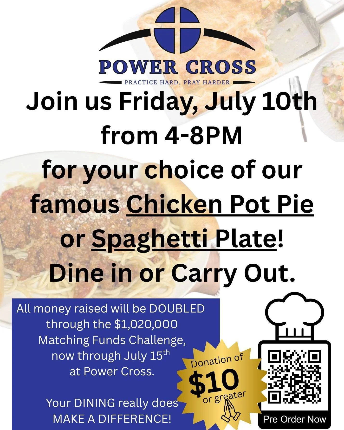 Looking for a great reason to try out the @Power Cross Cafe! Come have dinner with us on this Friday, July 10th.  Dine in or Carry Out from 4:00-8:00PM. Your choice of two cafe customer favorites- Our Spaghetti Plate or house made Chicken Pot Pie! 
P