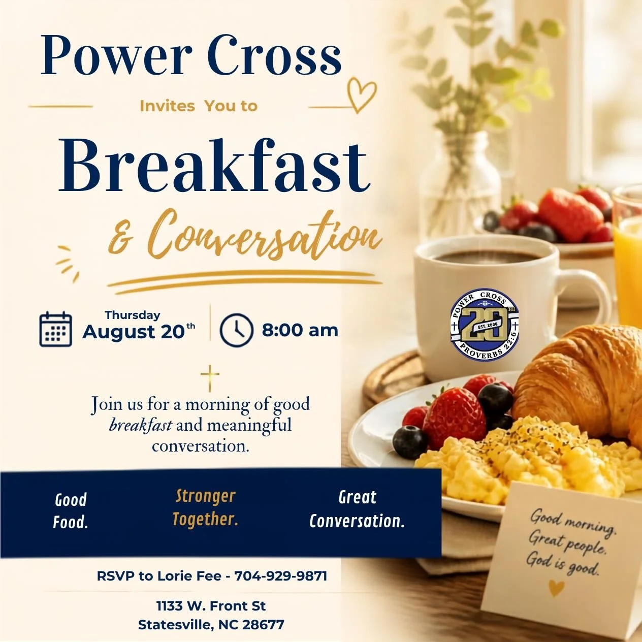 Share with your local church and Pastor. We would love for you to have breakfast on us this Thursday morning!
