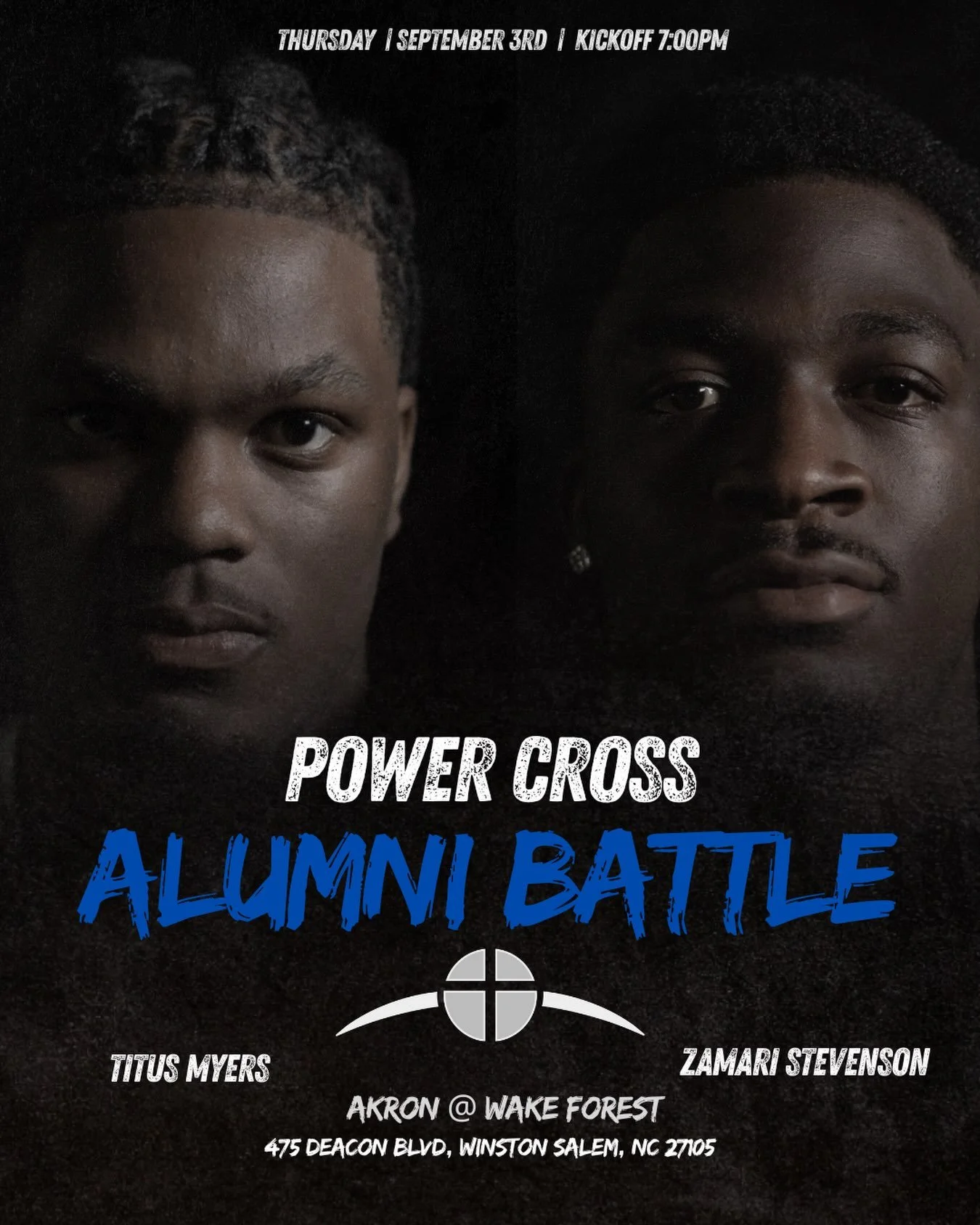 This Thursday is a special one for the Power Cross family! 🏈💙

Two of our alumni will take the field on opposite sidelines as Titus Myers and the Akron Zips take on Zamari Stevenson and the Wake Forest Demon Deacons!

We couldn&rsquo;t be more prou