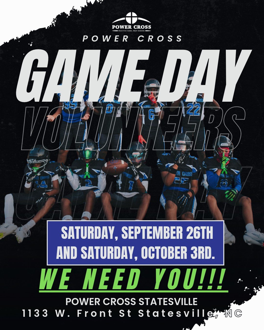 VOLUNTEER with us this Saturday, September 26th and next Saturday, October 3rd!
Home football games at the Statesville Campus Football Field.
Click the link the below to sign up now!

https://www.signupgenius.com/go/10C054FABA829A4FBC34-65952967-sept