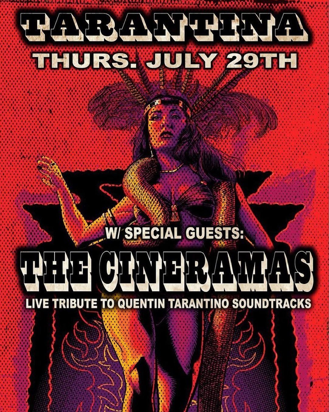 TARANTINA ⚔️ CINERAMAS

Join us for a very special edition of our show this month! @thecineramas open our night, playing all of your favorite grindhouse classics from 8-9pm 🎺🎶🚬 

&hearts;️VIP IS SOLD OUT, get your GA&rsquo;s folks &hearts;️

www.t