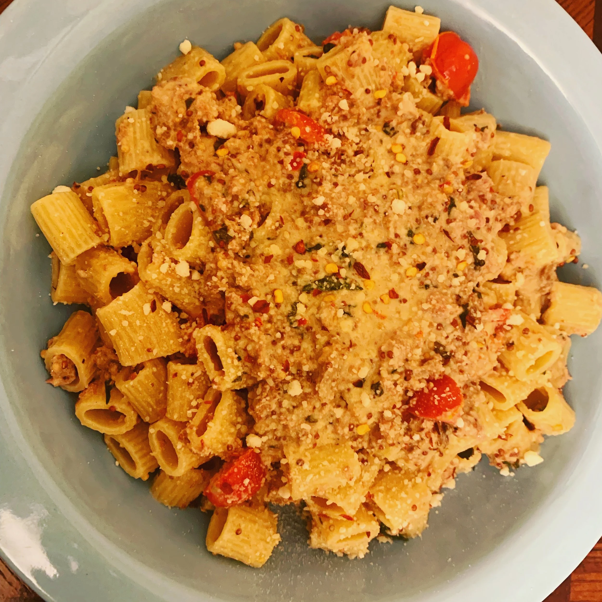 Italian Sausage and Pasta with Basil, Tomato and Mustard Cream Sauce