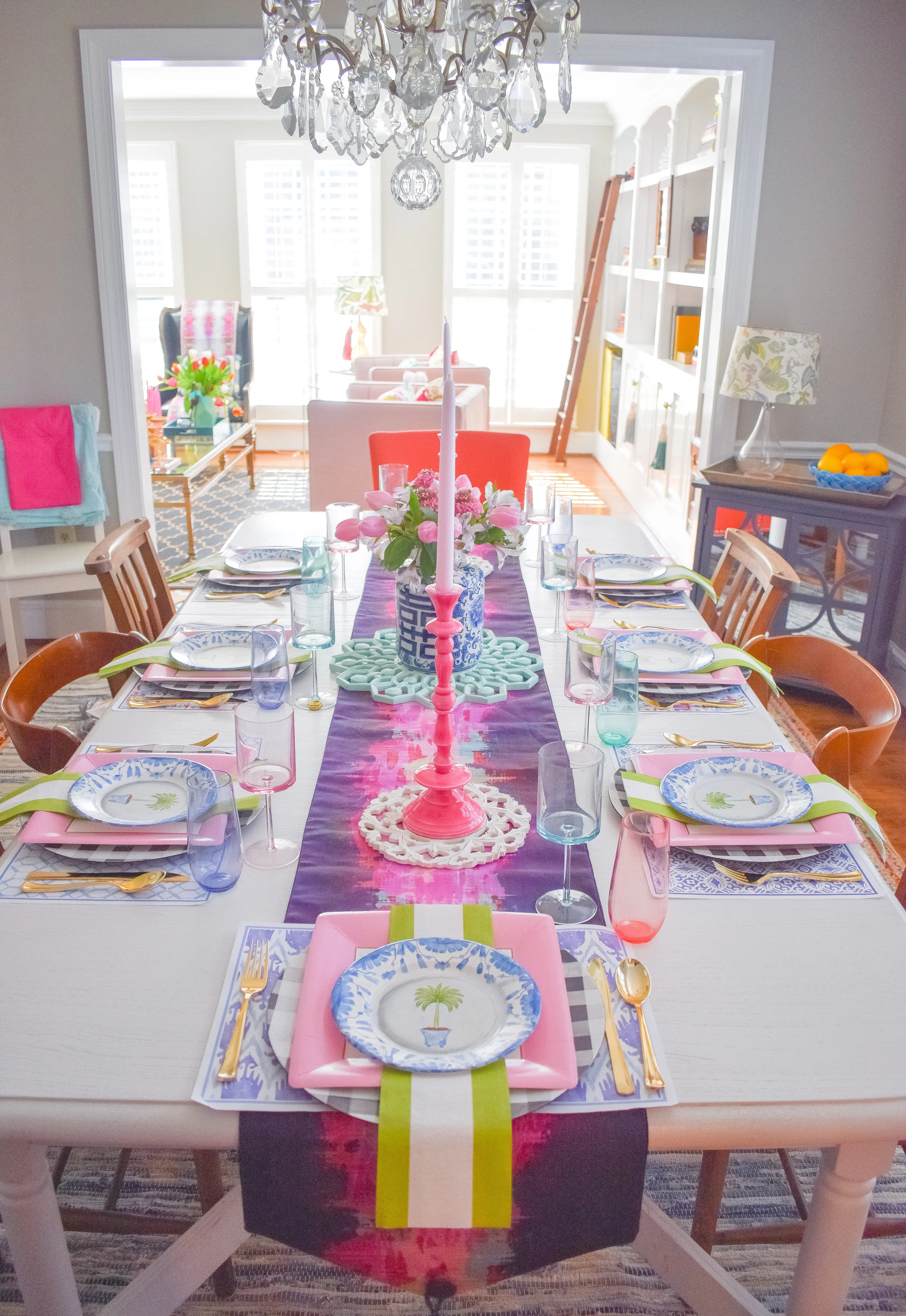 Plates and Napkins: Caspari Line Colorful Champagne Glasses: Spritz for Target Wine Glasses: Home Goods Candlesticks: Home Goods Table Runner: Boho Luxe Home