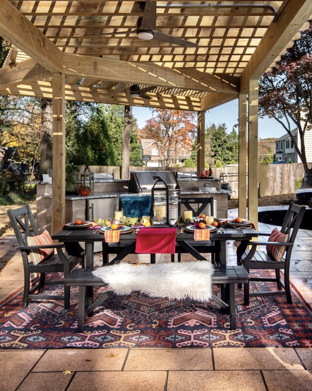 POLYWOOD’s Braxton Farmhouse Rustic Dining Set with the armchairs and bench are so perfect for our outdoor space! I love the bench seating on one side which allows us to have the younger kiddos sit together while the older set gets the cozy arm chai…