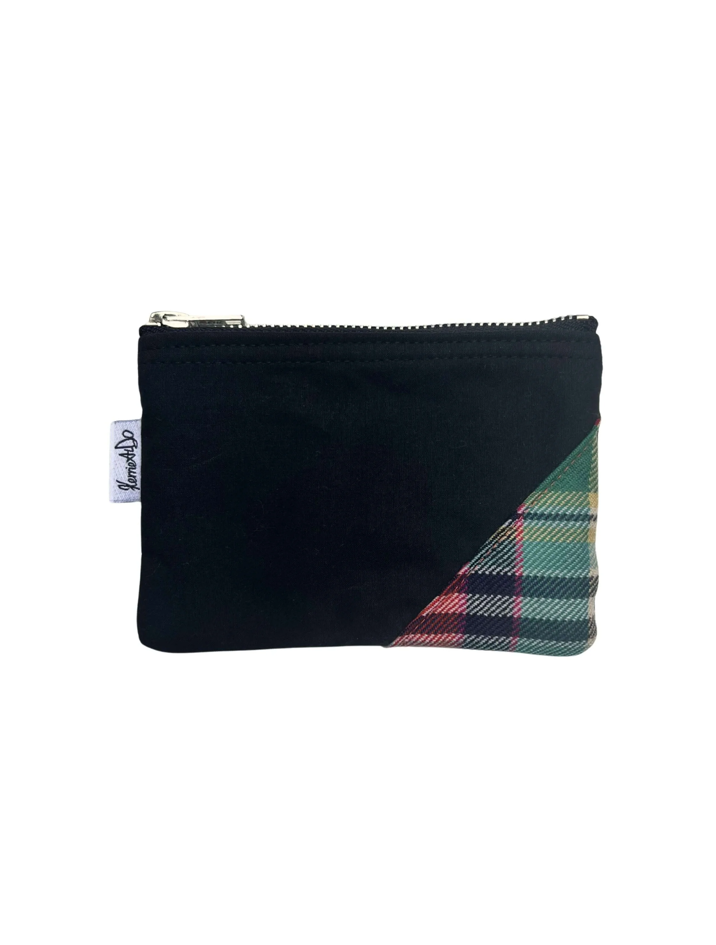 Black Dry Waxed Cotton Offcut Coin Wallet with Dundee Tartan Trim
