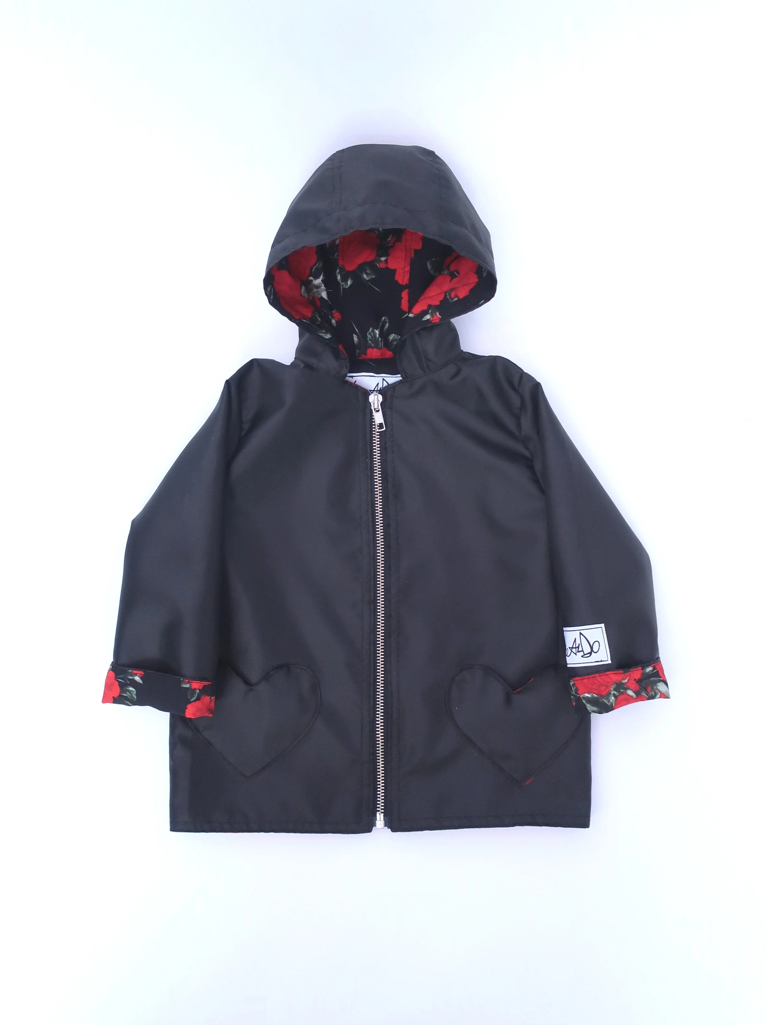 red and black rain jacket