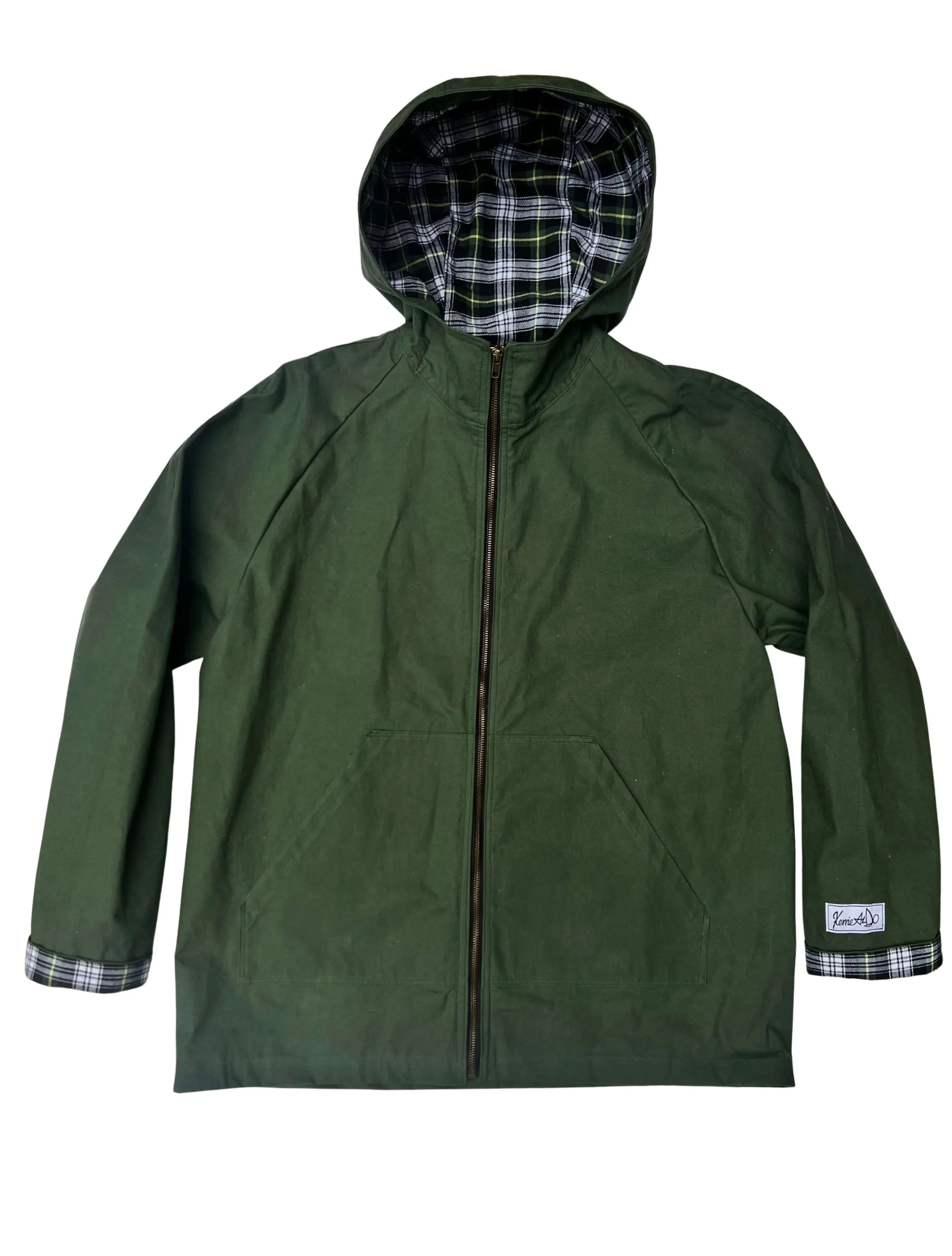 1 of 1 - Forest Green Hybrid Dry Waxed Cotton Raincoat with Tartan