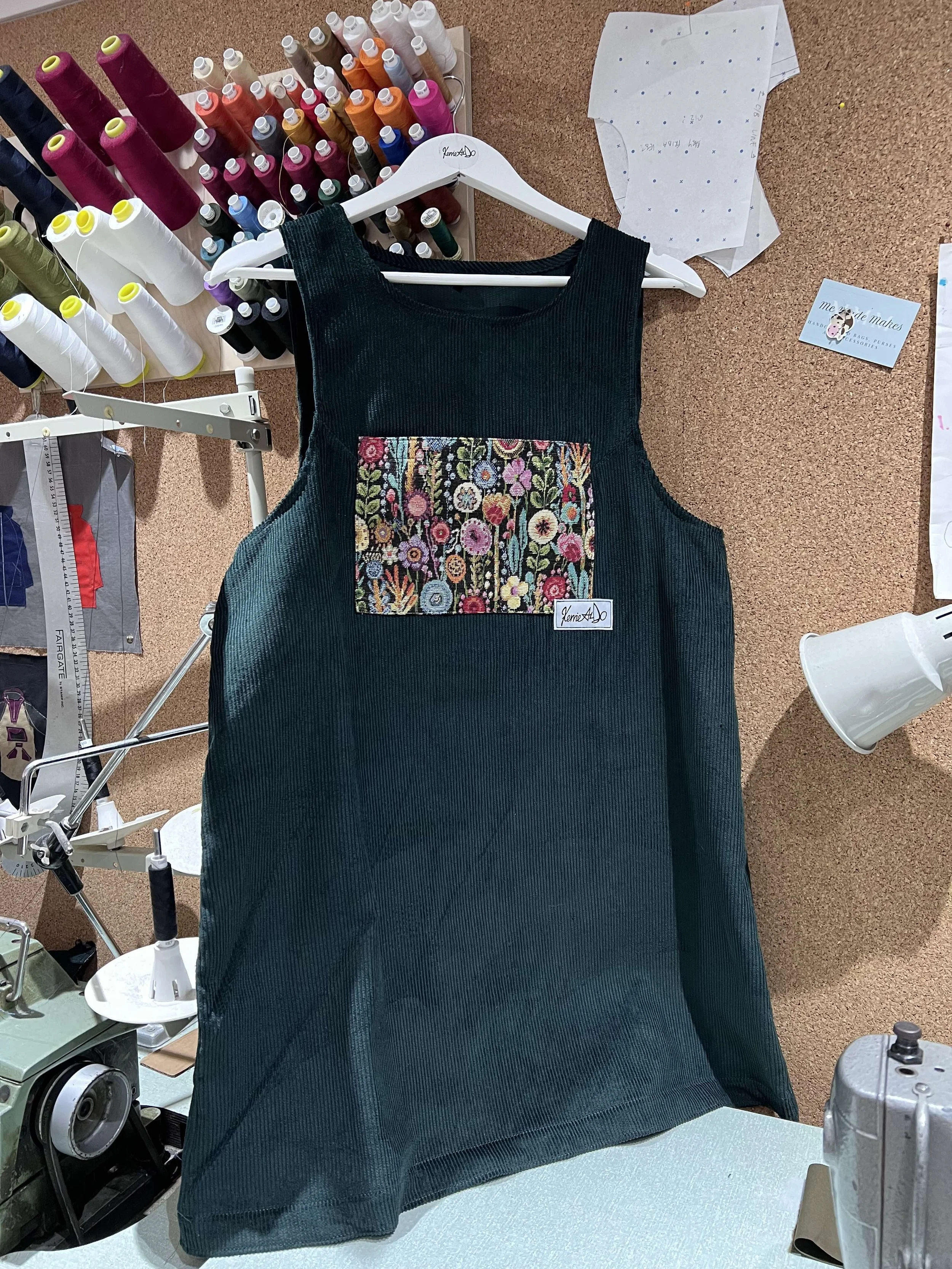Petrol Green Cord Pinafore with Floral Tapestry Pocket
