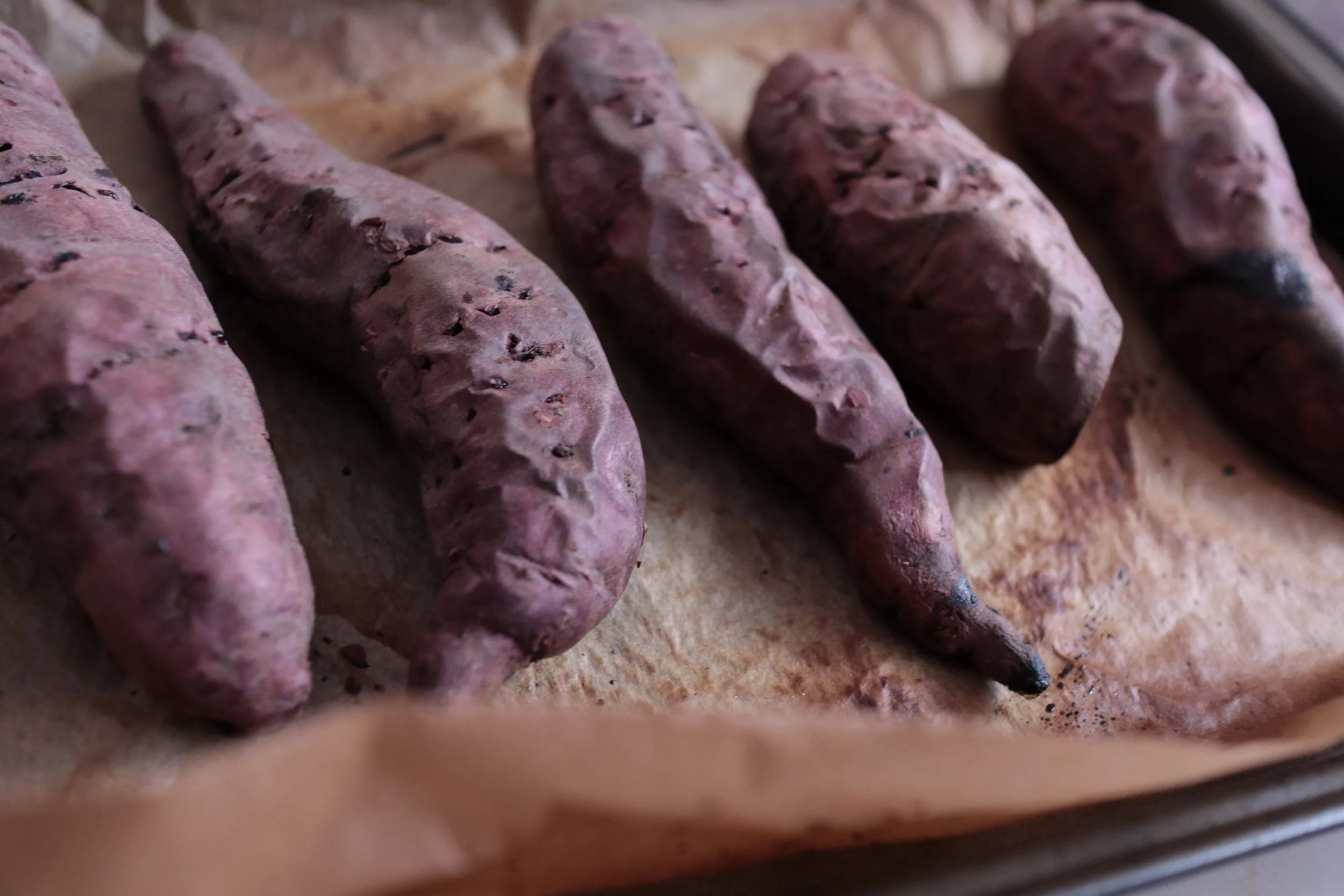 Roasted purple kumara skins on - cooked for 40 mins at 180C, peeled then mashed with fork and blitzed in a mini food processor.