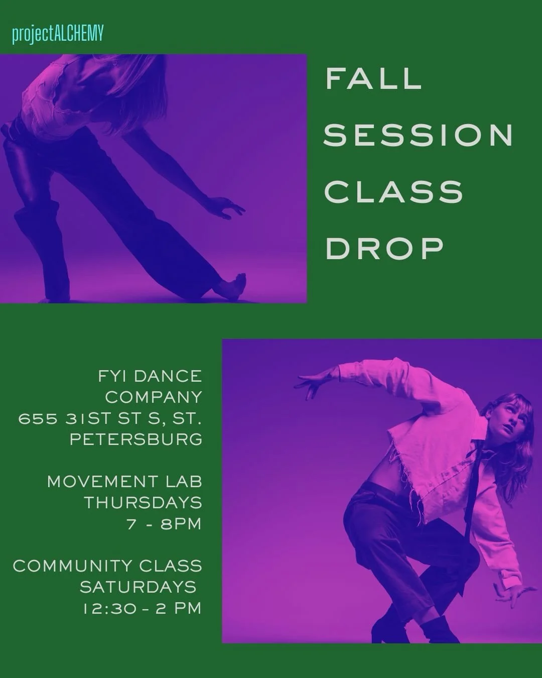 FALL SESSION CLASS DROP

Two ways to keep moving, training, and creating with us this fall:

Movement Lab Series Thursdays | 7&ndash;8 PM

Community Class Saturdays | 12:30&ndash;2 PM

📍 FYI Dance Company 655 31st St S, St. Petersburg

Swipe through