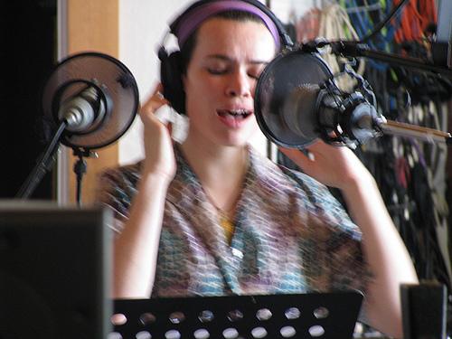 Larkin Grimm recording vocals at Trout Recording on “Saturn Song”, Boy From Black Mountain 2009
