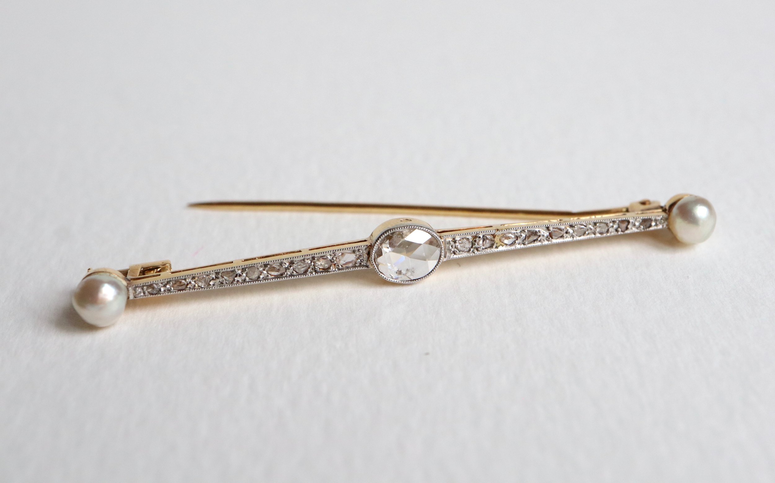 Superbe Broche Barrette En Or 18k Et Platine Avec Turquoises Naturelles Et Diamants Taille Rose