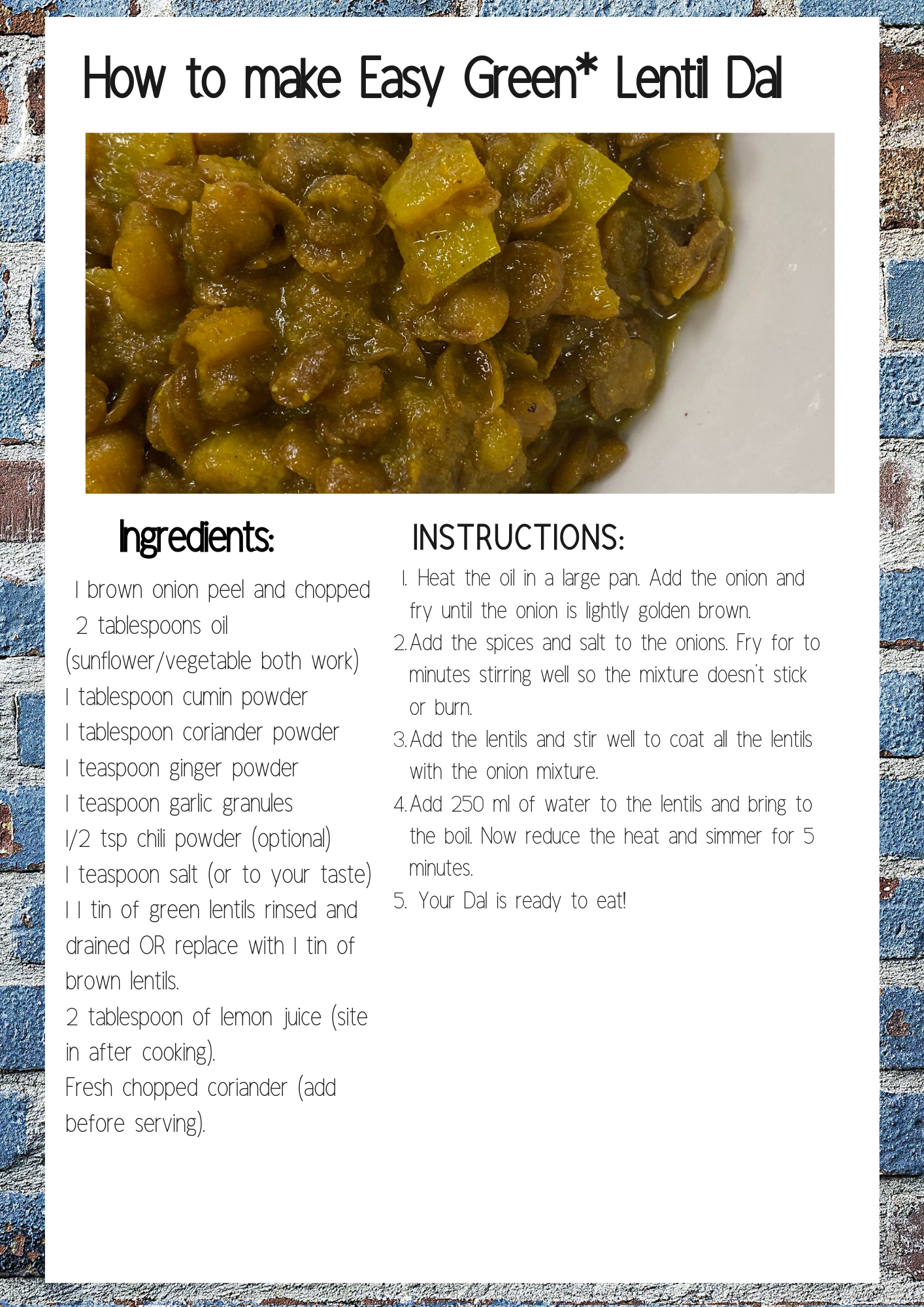Rise Project Session 9 Easy Green Lentil Dal Frugal Vegan Food Recipe Card .png