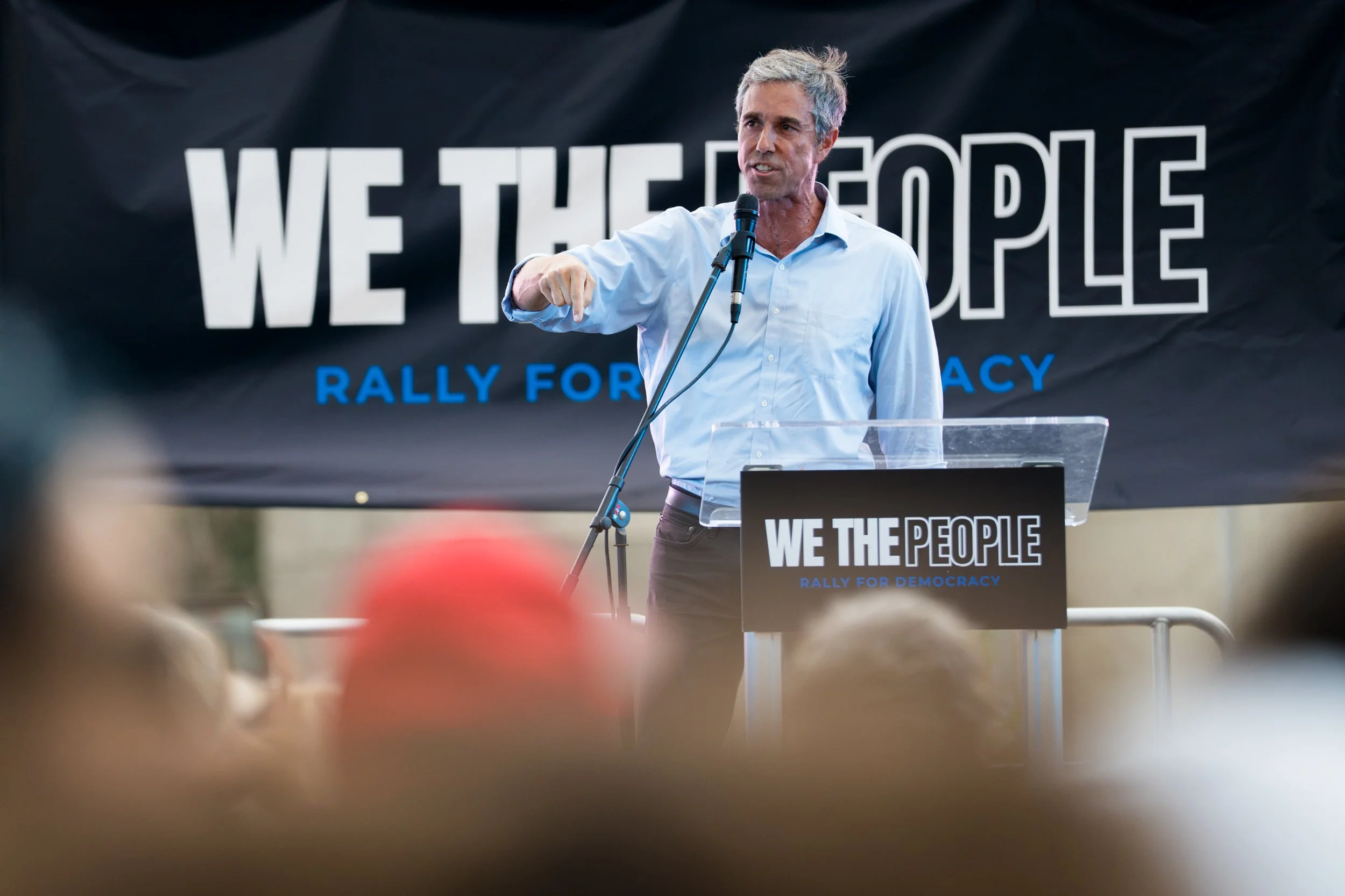 Former U.S. Rep. Beto O’Rourke speaks during a Democratic counter-rally at Dallas City Hall Plaza on Sept. 10, 2026. Hundreds gathered for the “We the People: Rally for Democracy” during the 2026 Republican Convention. (Camilo Diaz Jr. for The Texas 