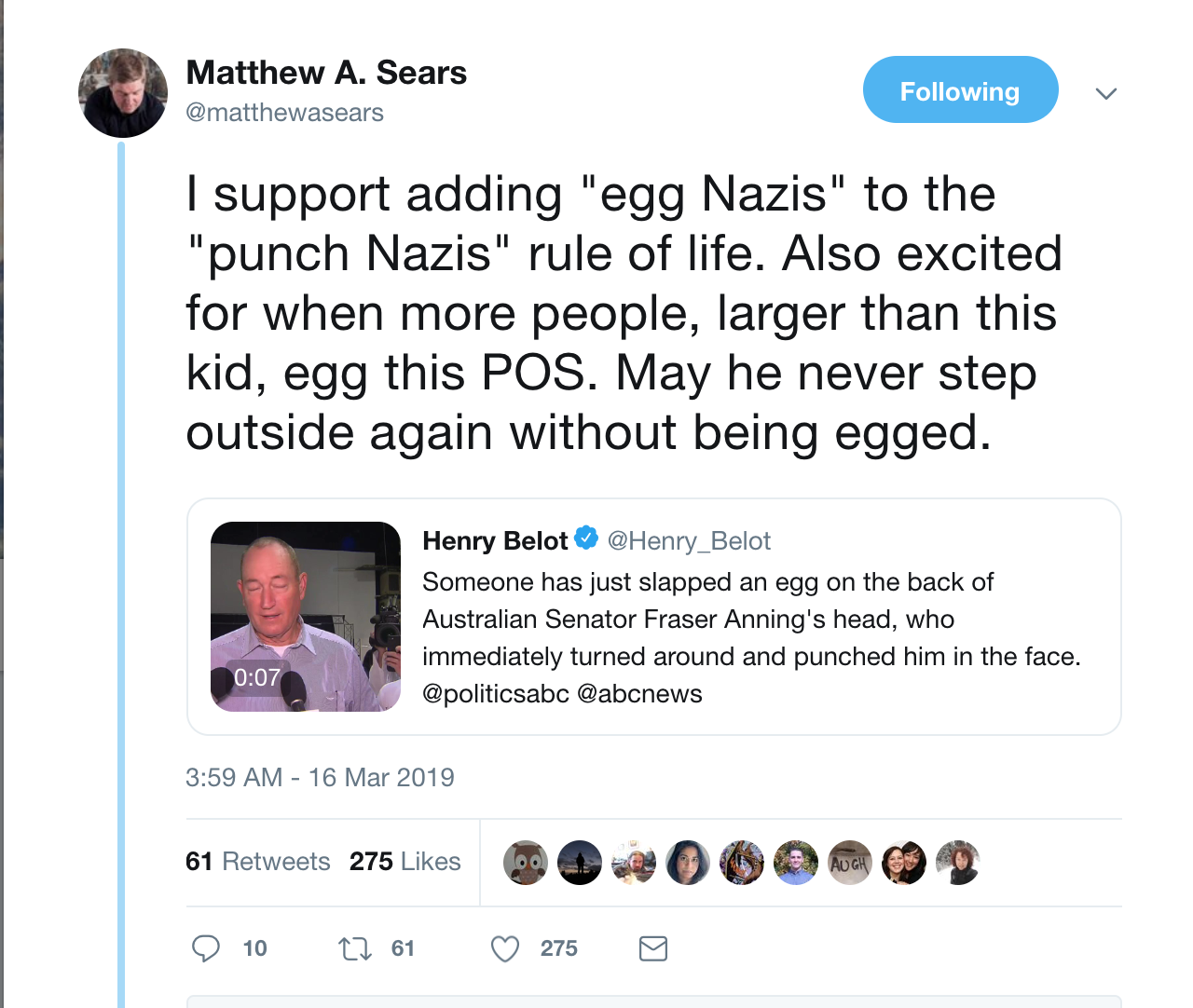 Dr. Mathew Sears of the University of New Brunswick, declaring his support for political violence.