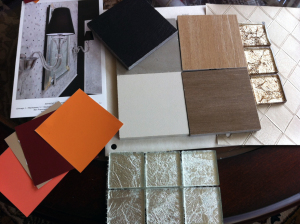 Samples of tile, paint colors, and wall coverings for Briora Ballroom Dance Studio