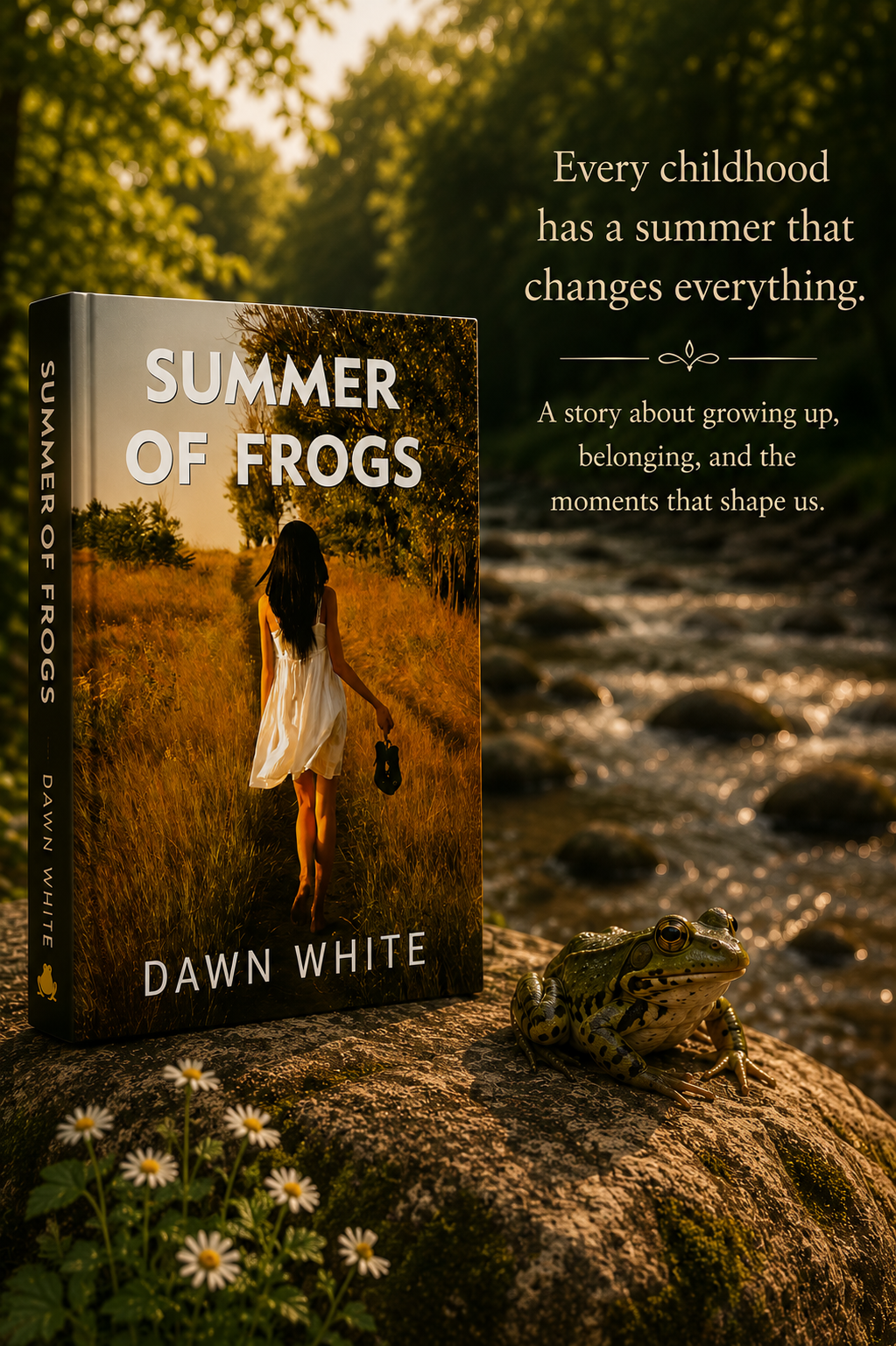 Book cover of Summer of Frogs by Dawn White. Every childhood has a summer that changes everything. A story about growing up, belonging, and the moments that shape us.