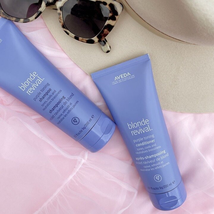 Calling all blondes! 💜 Aveda&rsquo;s NEW Blonde Revival Shampoo &amp; Conditioner reawakens color with violet-rich pigments to neutralize brassiness and revive softness. The perfect addition to your blonde home haircare. ⠀
⠀
Use daily until desired 