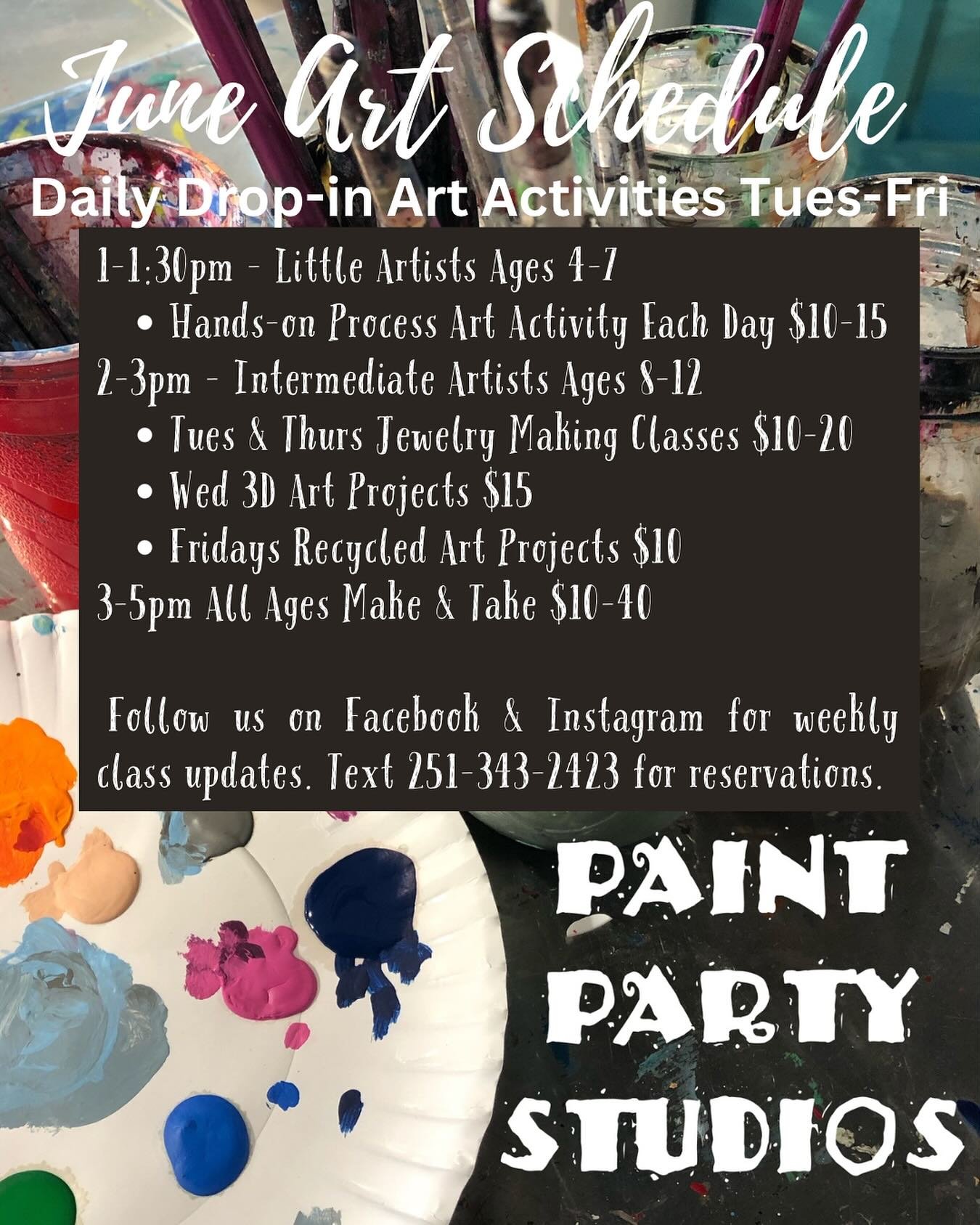 In June we&rsquo;ll be open Tuesday-Friday from 1-5pm for Daily Drop-in Art Classes and All Ages Make &amp; Take. Follow us for weekly class details. We&rsquo;ll still be available for private party reservations outside of these hours - text Courtney
