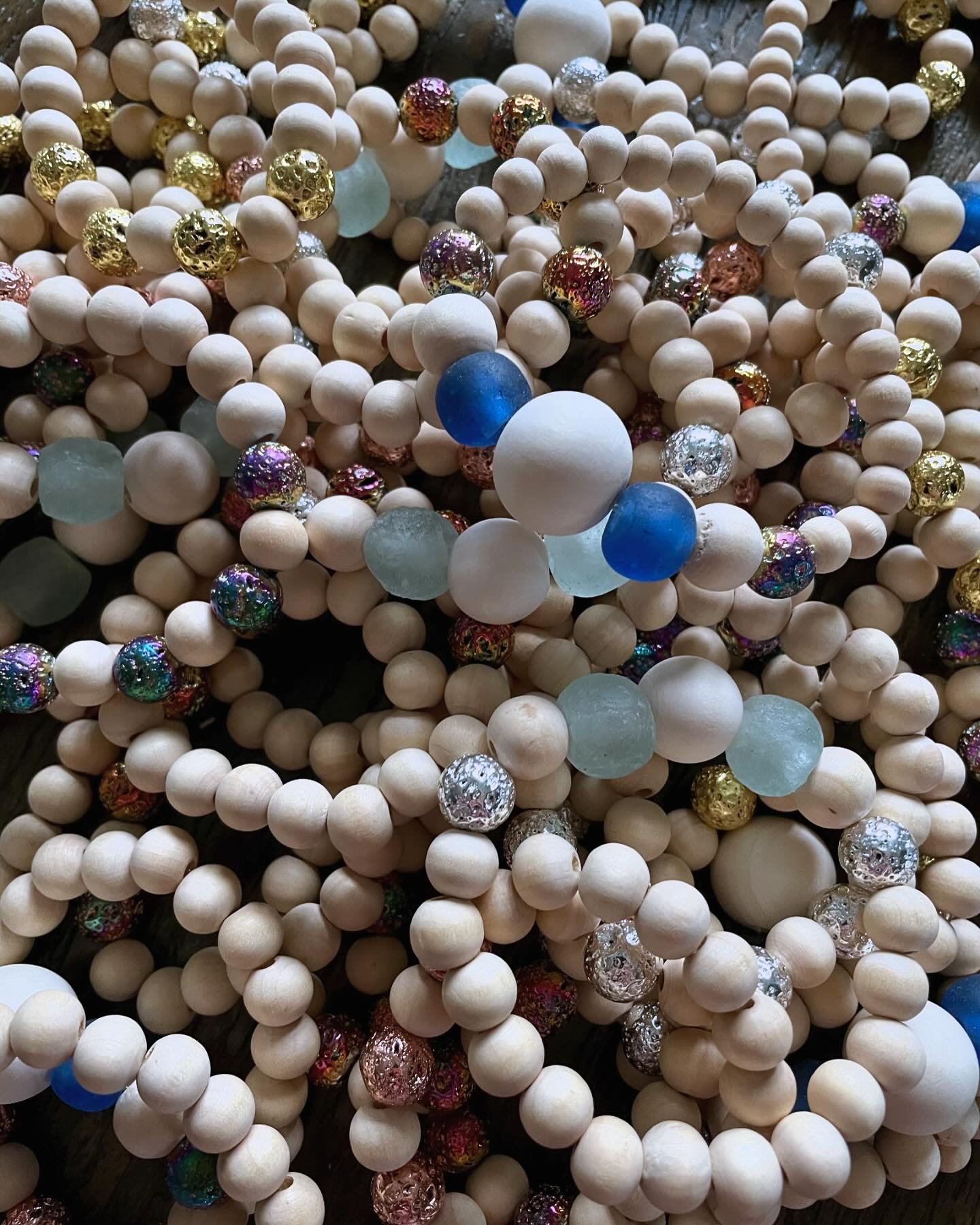 Look at all this jewelry making goodness 🥰 Courtney&rsquo;s been adding to our paintable wood bracelet blanks with metallic lava beads and sea glass inspired recycled glass beads. Message us to book your paint party to paint bracelets or earrings $1